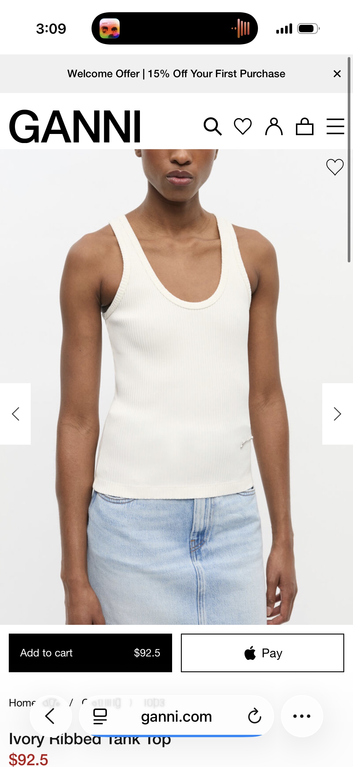 GANNI - Ivory Ribbed Tank Top