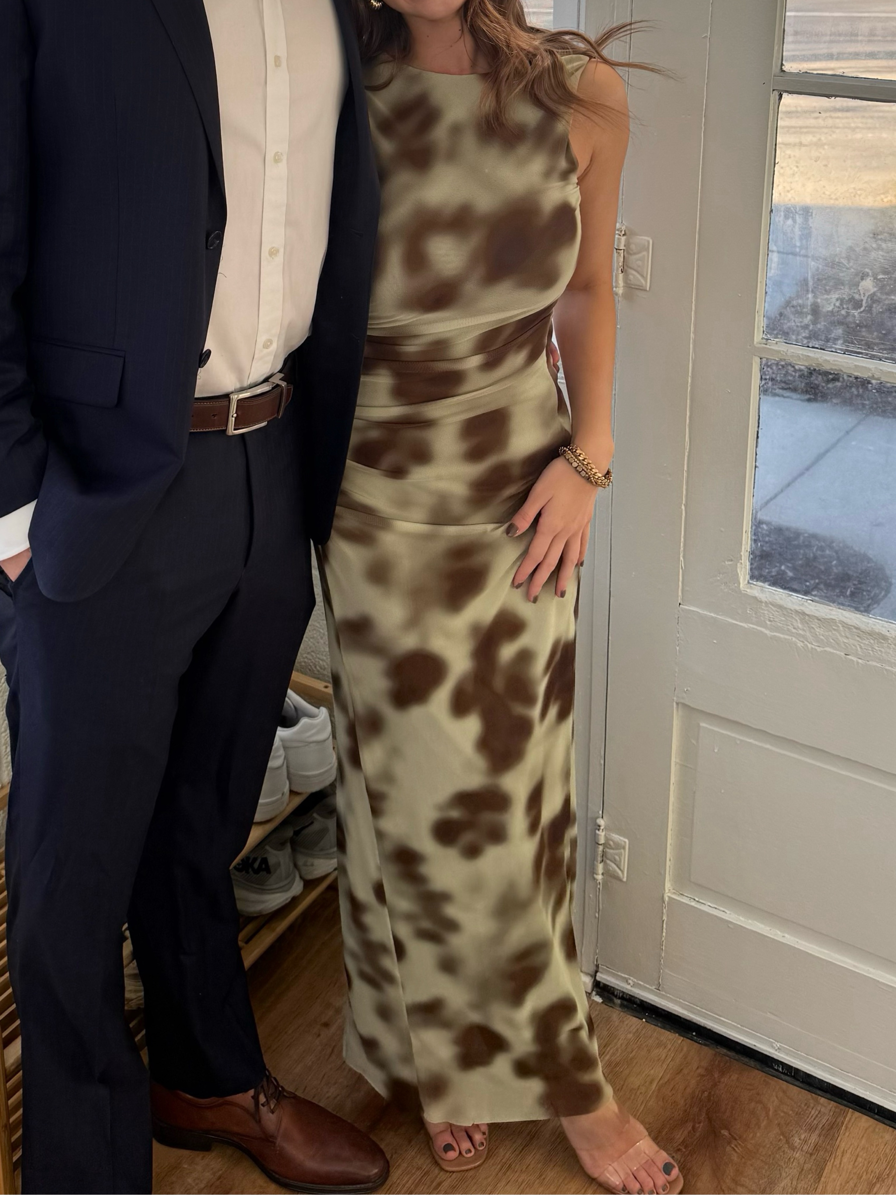 zara brown mesh dress Zara XS Beige Brown Animal Print Mesh Maxi Dress Ruched Sleeveless Backless