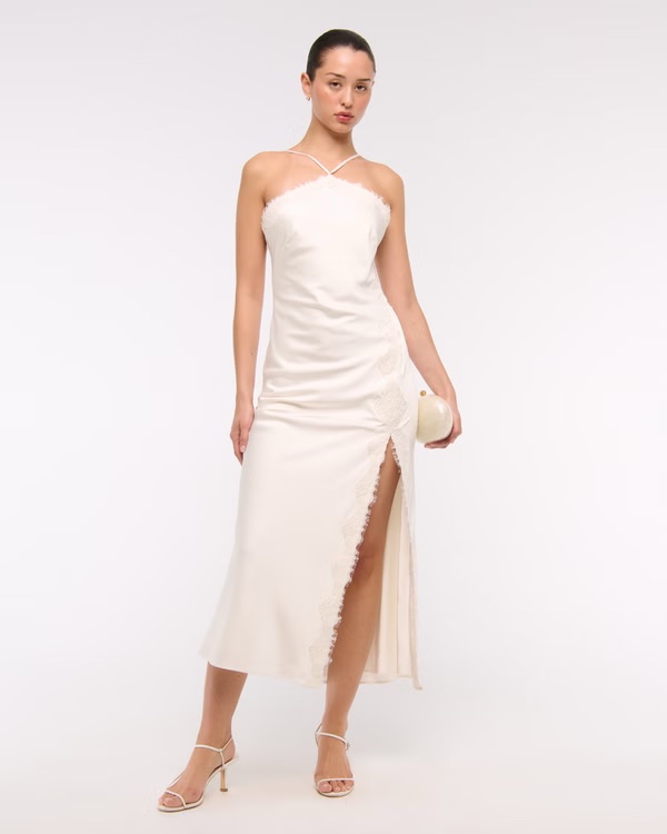 Ivory Satin Halter Midi Dress by Abercrombie and Fitch - Pickle