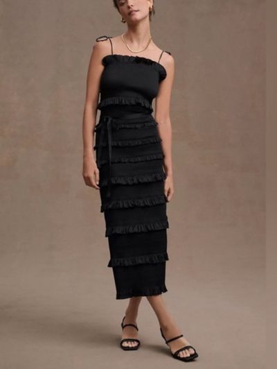 lily smocked floral print ruffle trim midi dress V. Chapman Lily Smocked Floral Print Ruffle Trim Midi Dress in black by  V.Chapman