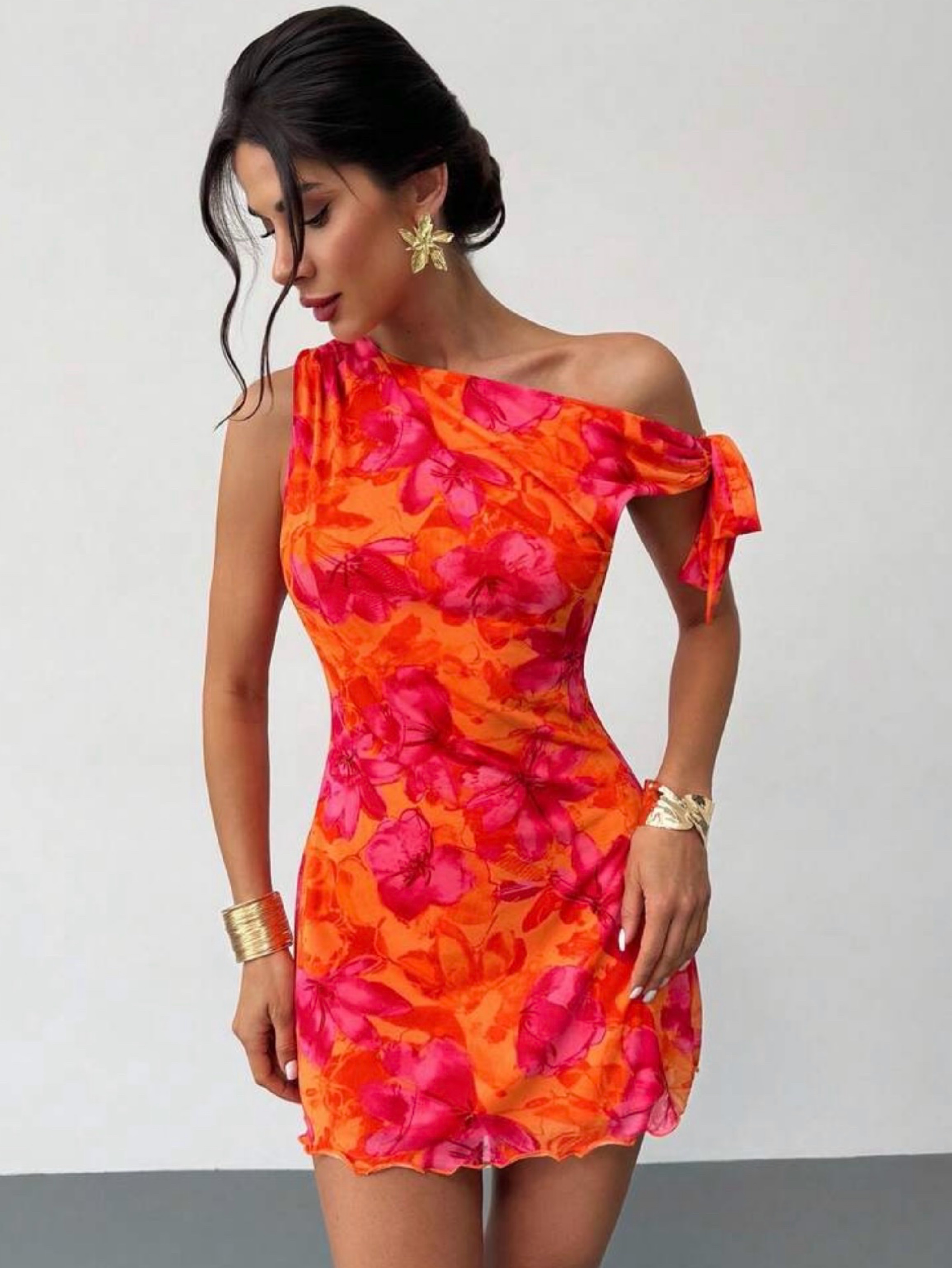 Orange Pink Floral Print Mini Dress