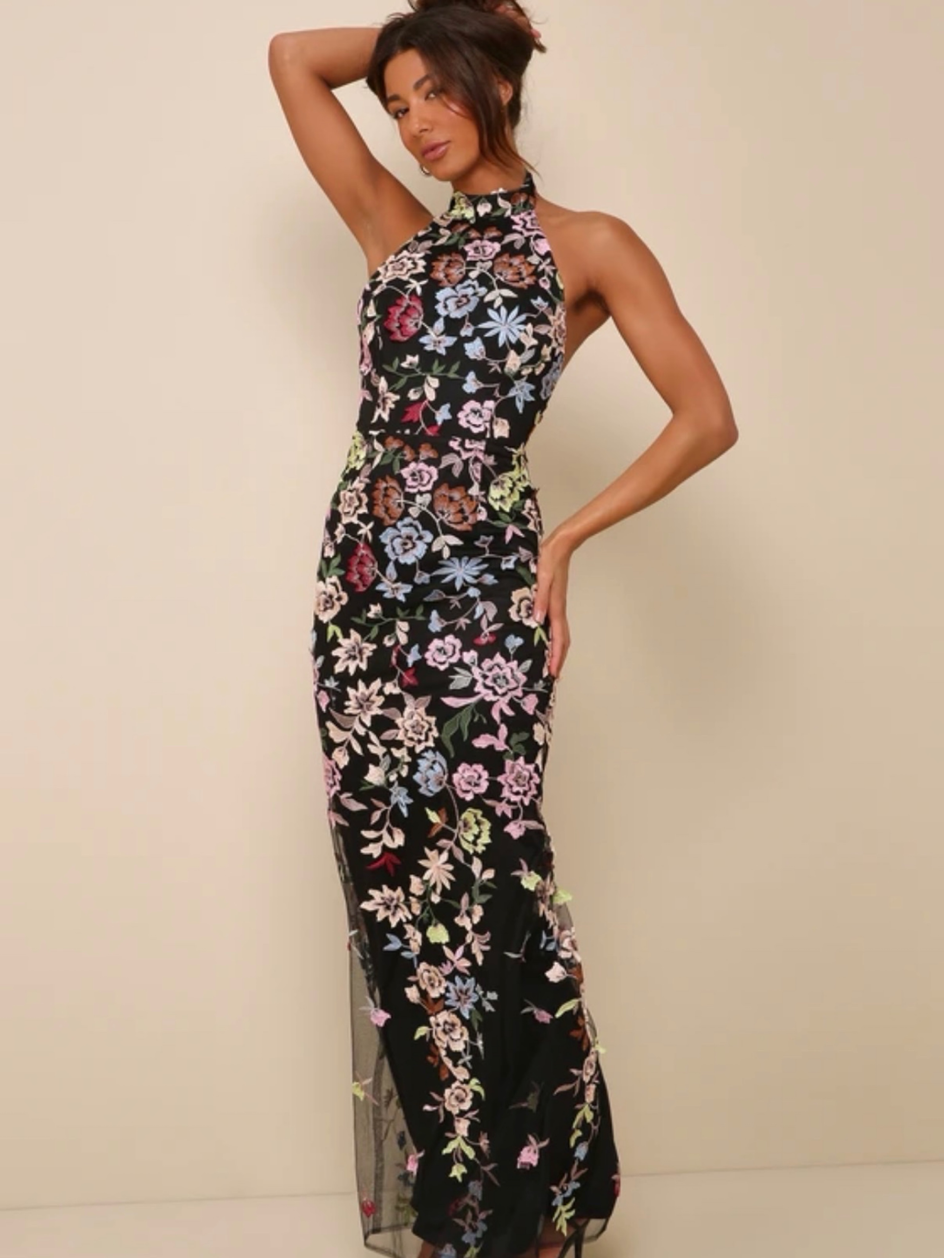 Black Floral Embroidered Halter Maxi Dress