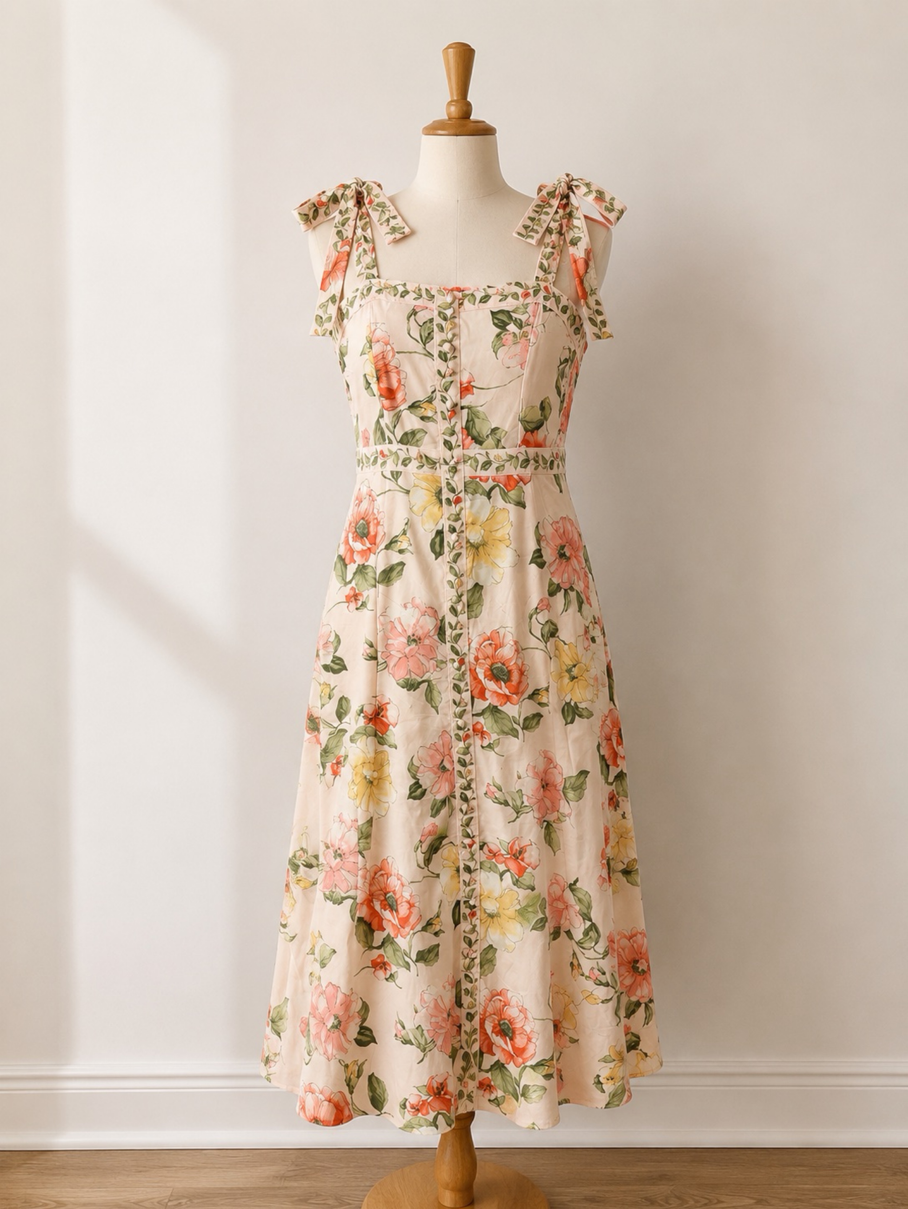 Cream Floral Print Tie-Shoulder Dress