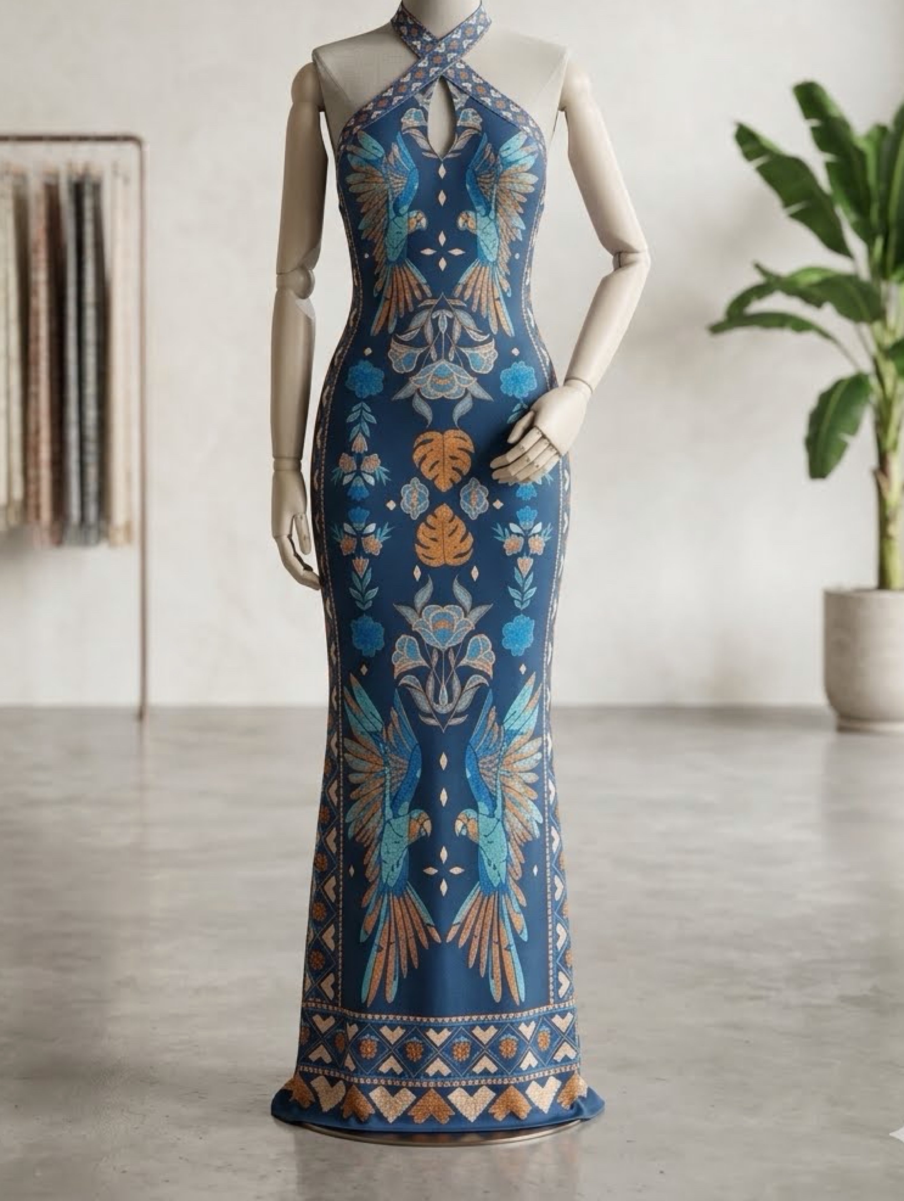 Navy Blue Ornate Halter Maxi Dress