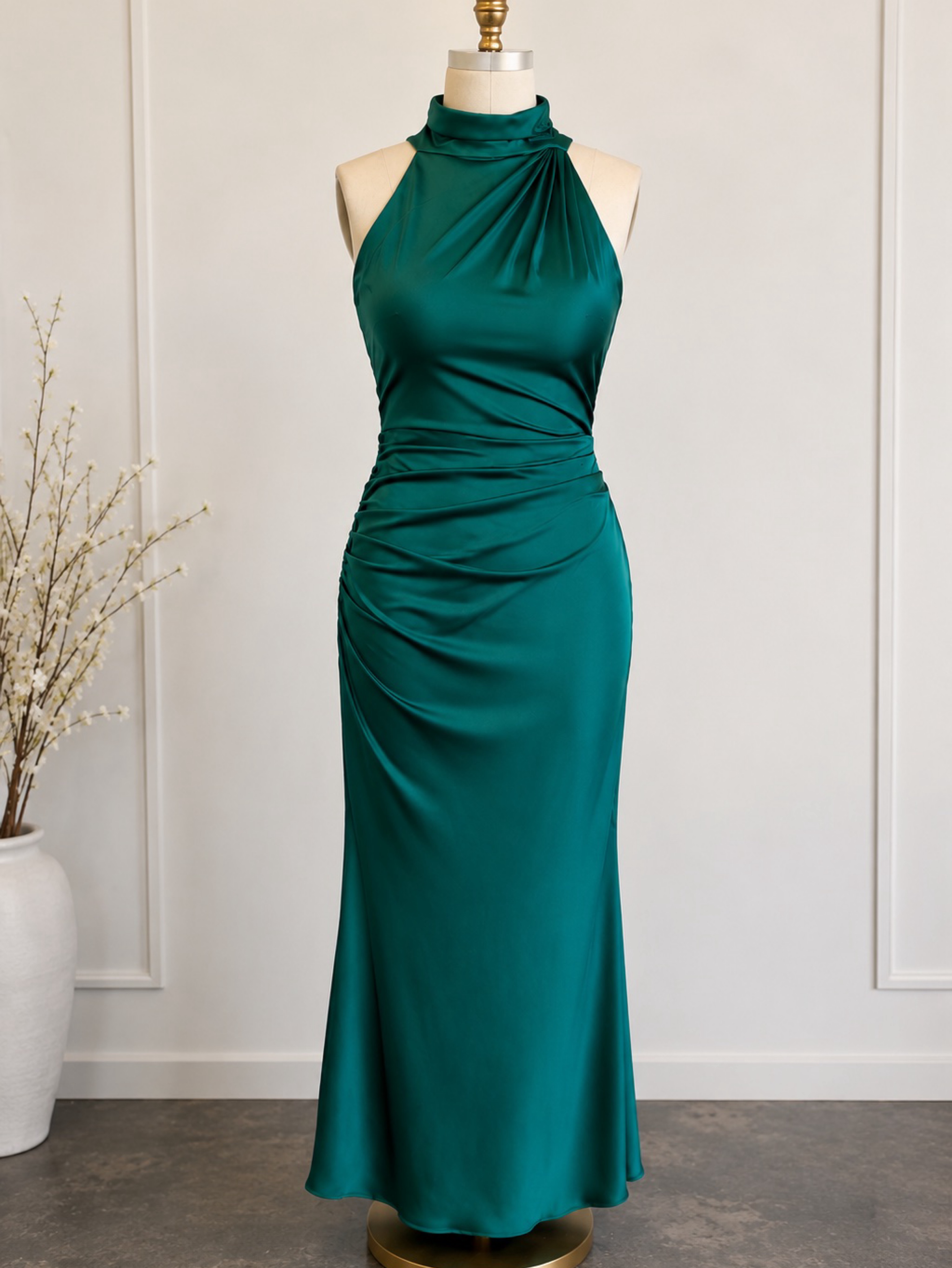 Emerald Green Halter Ruched Dress