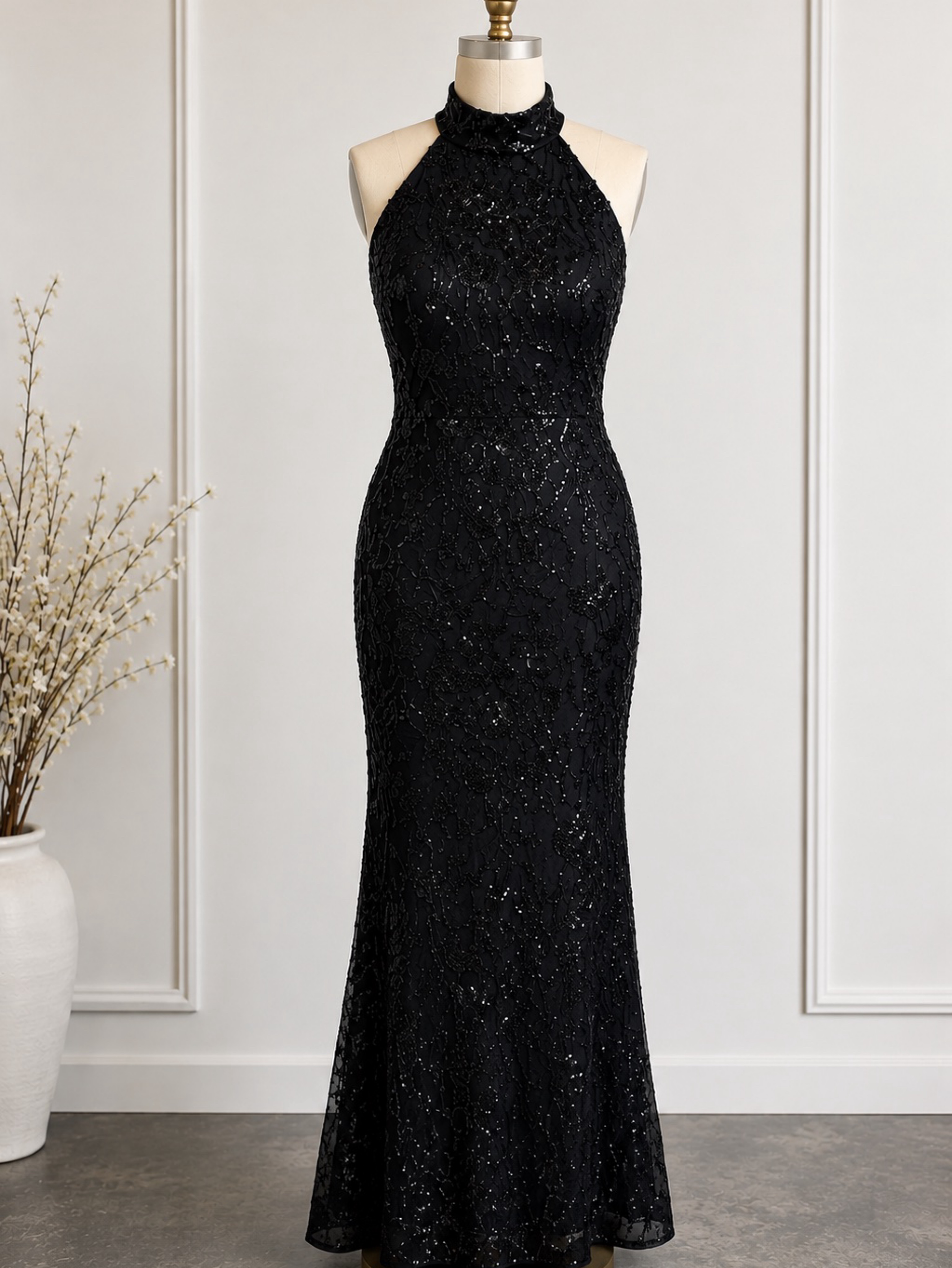 Black Sequin Halter Mermaid Gown