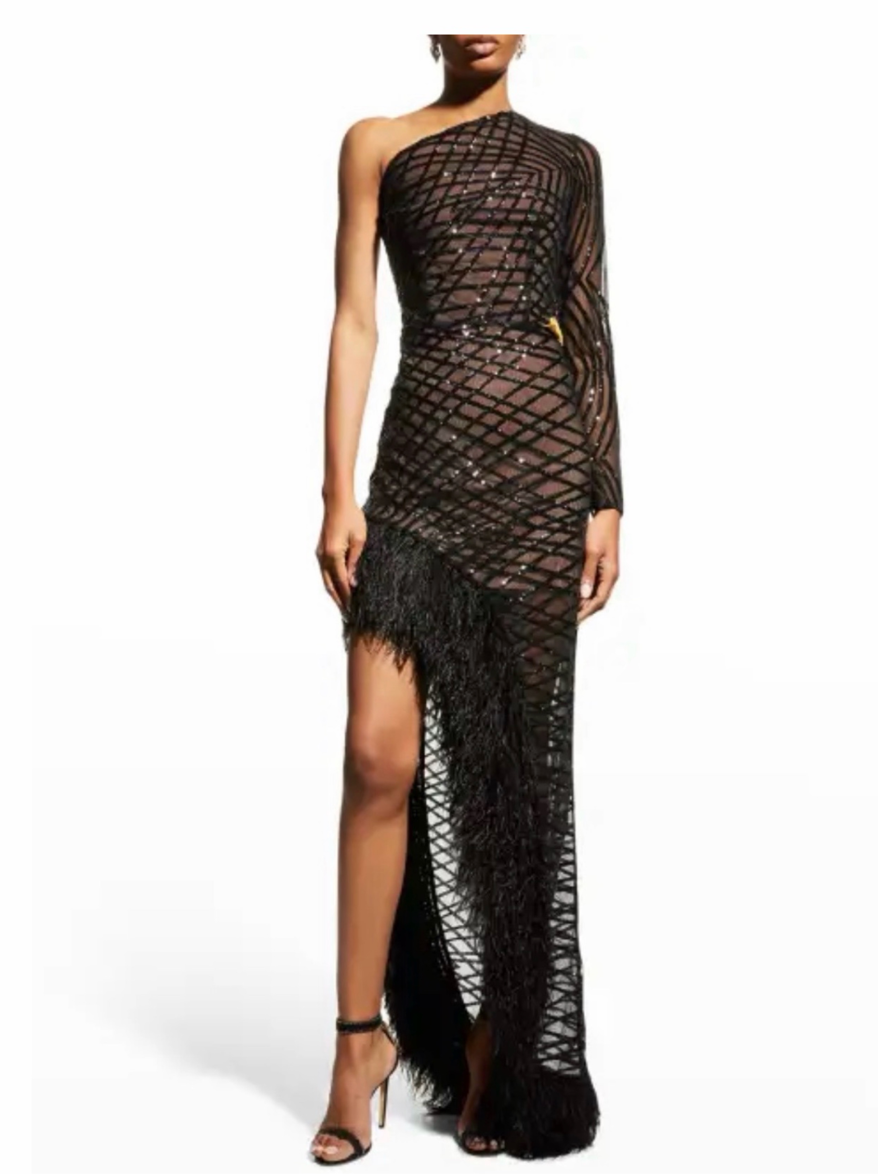 BRONX AND BANCO LOLA SHEER FEATHER GOWN WITH SLIP