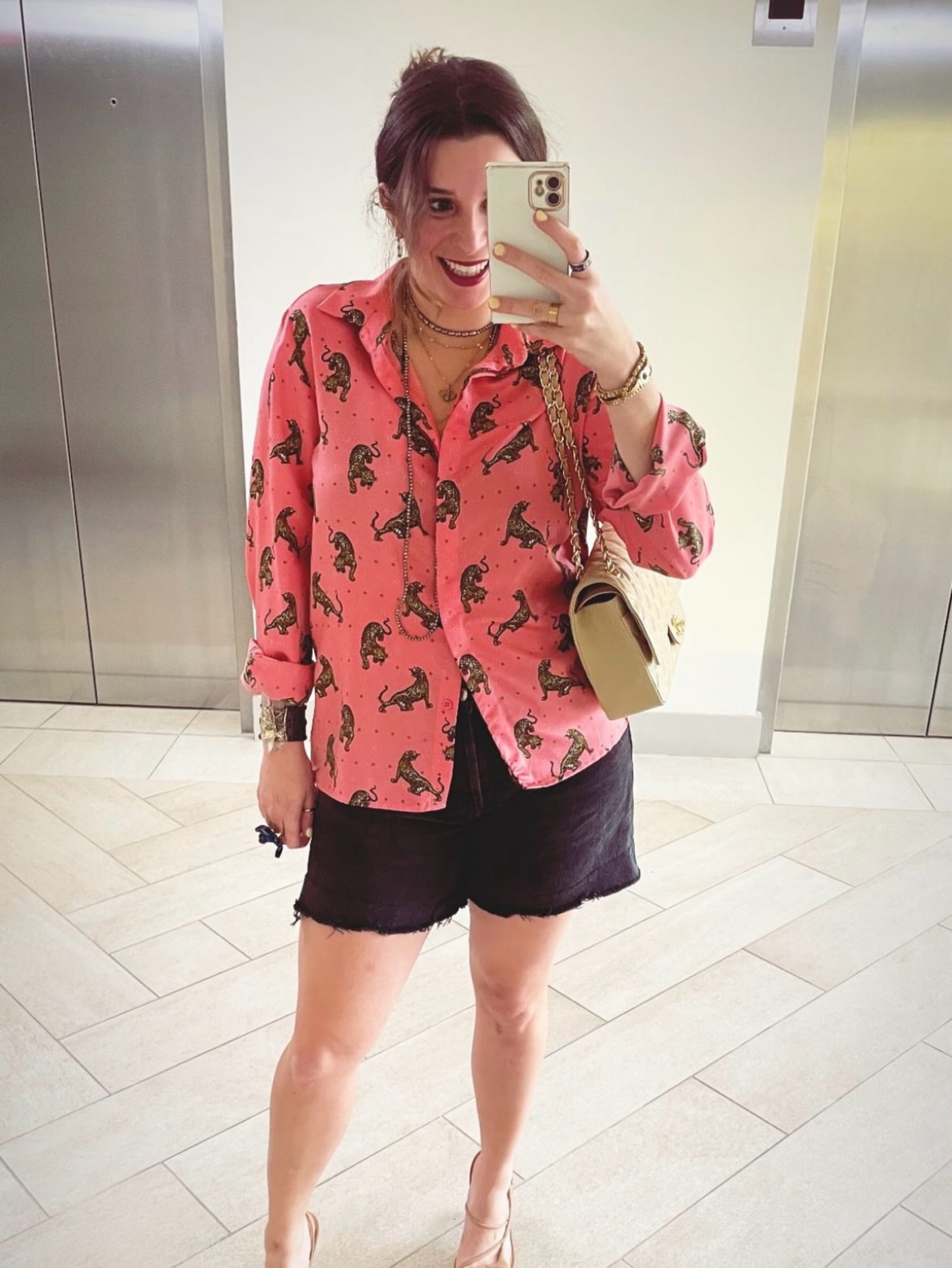 KAOS Jeans Italia Pink Leopard Print Satin Button-Up Blouse
