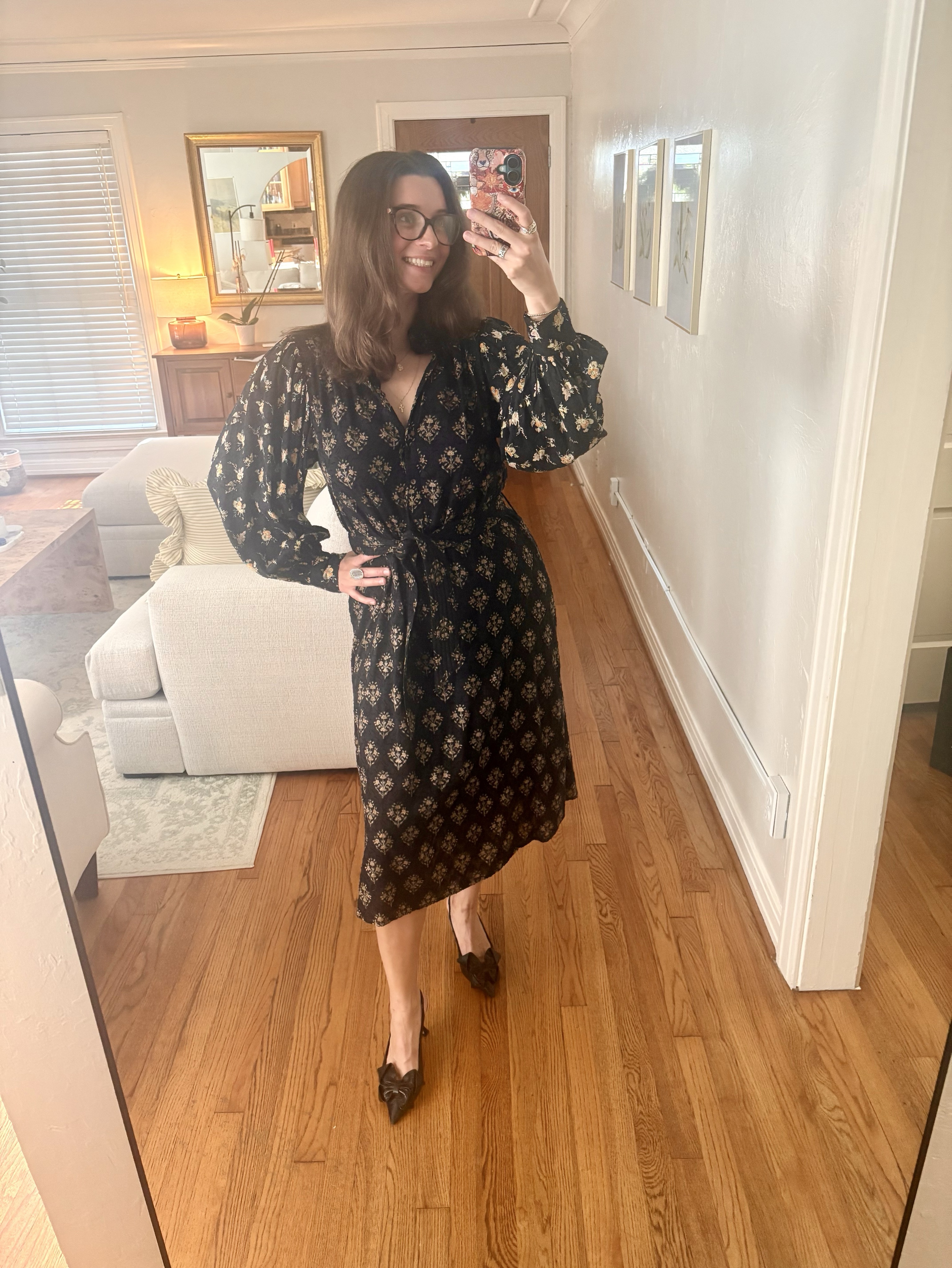 Black Floral Embroidered Wrap Midi Dress