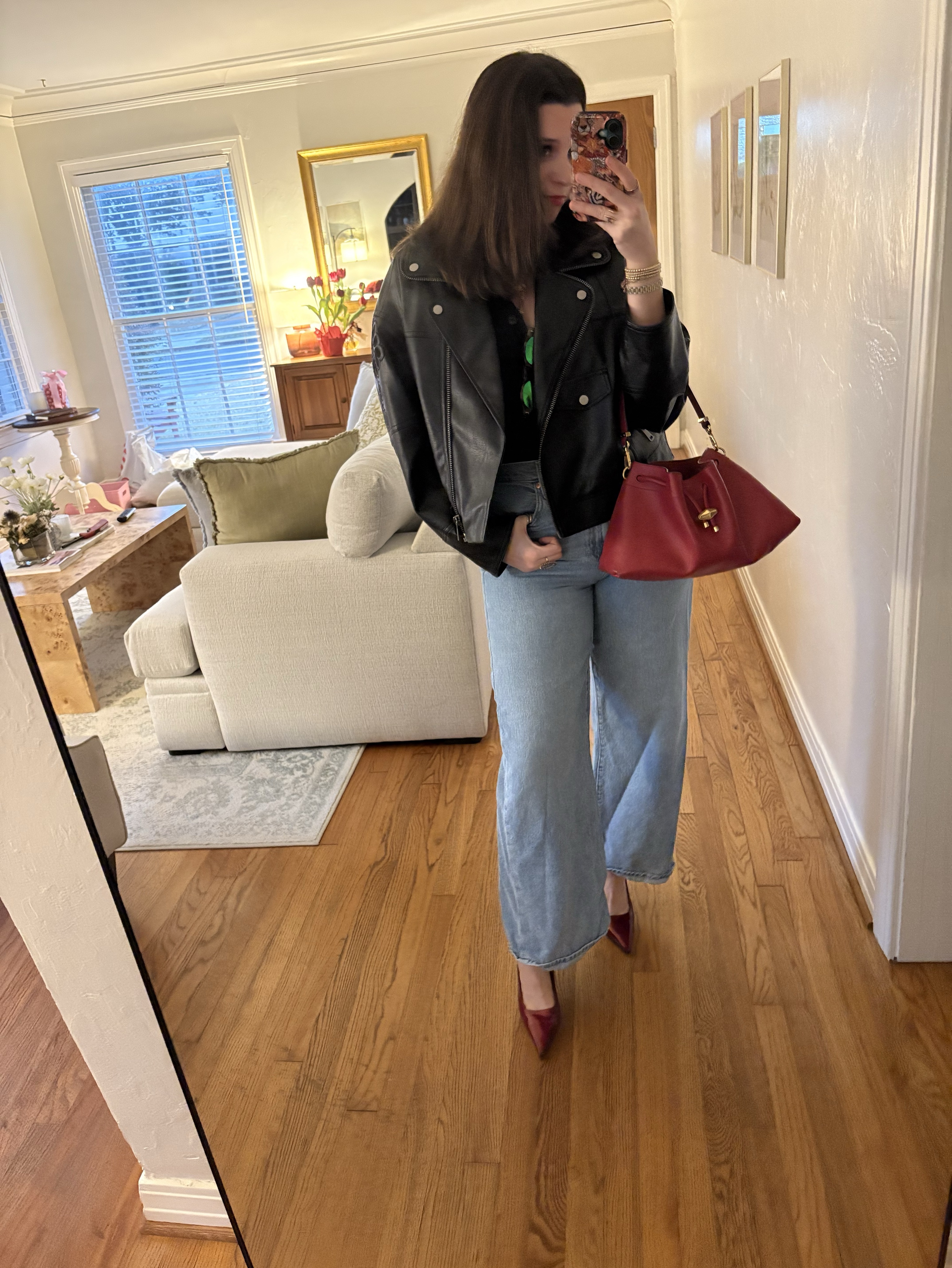 Anthropologie Black Leather Moto Jacket | Embroidered