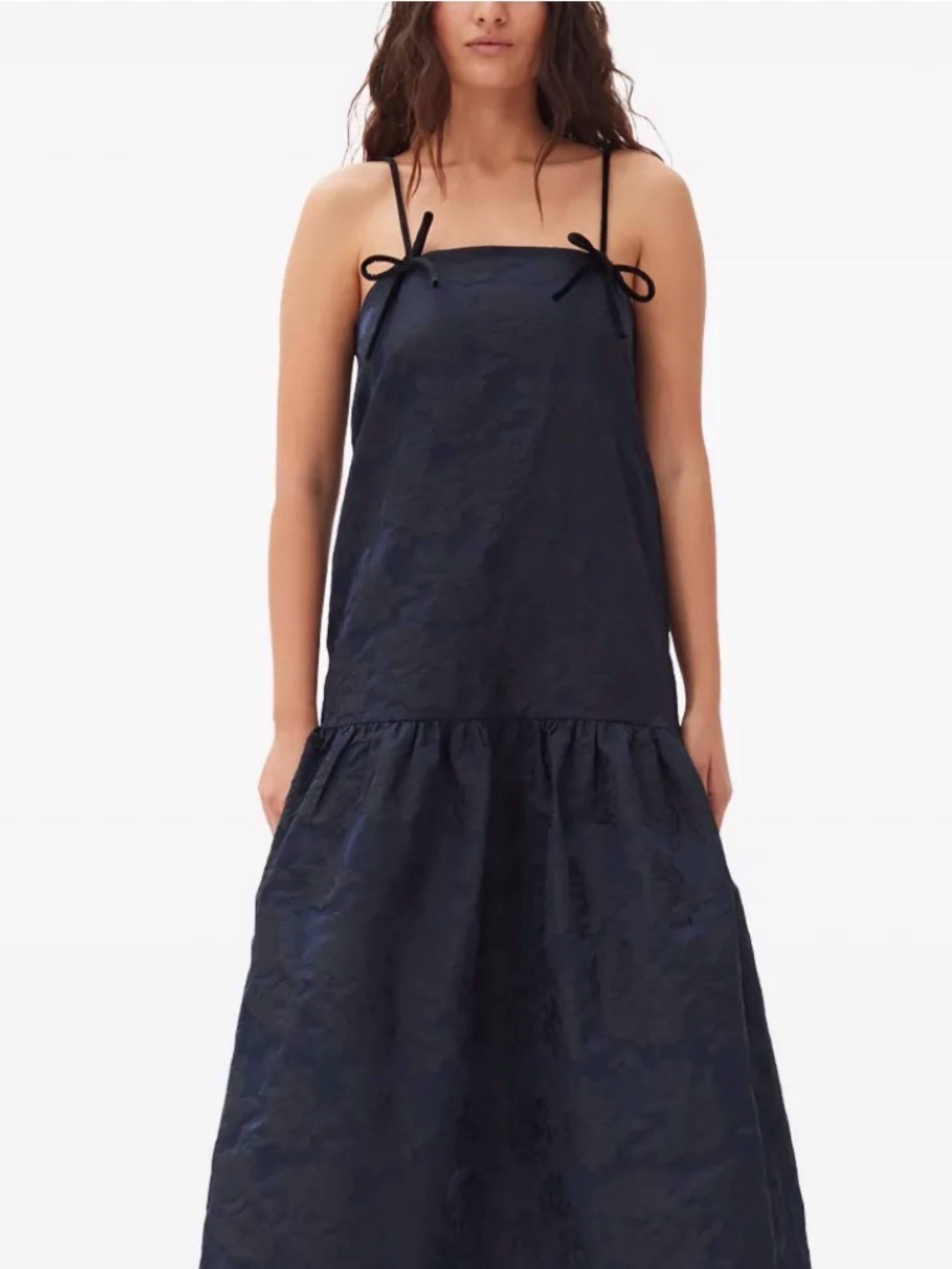 Navy Crinkled Cotton Tie-Shoulder Drop-Waist Dress