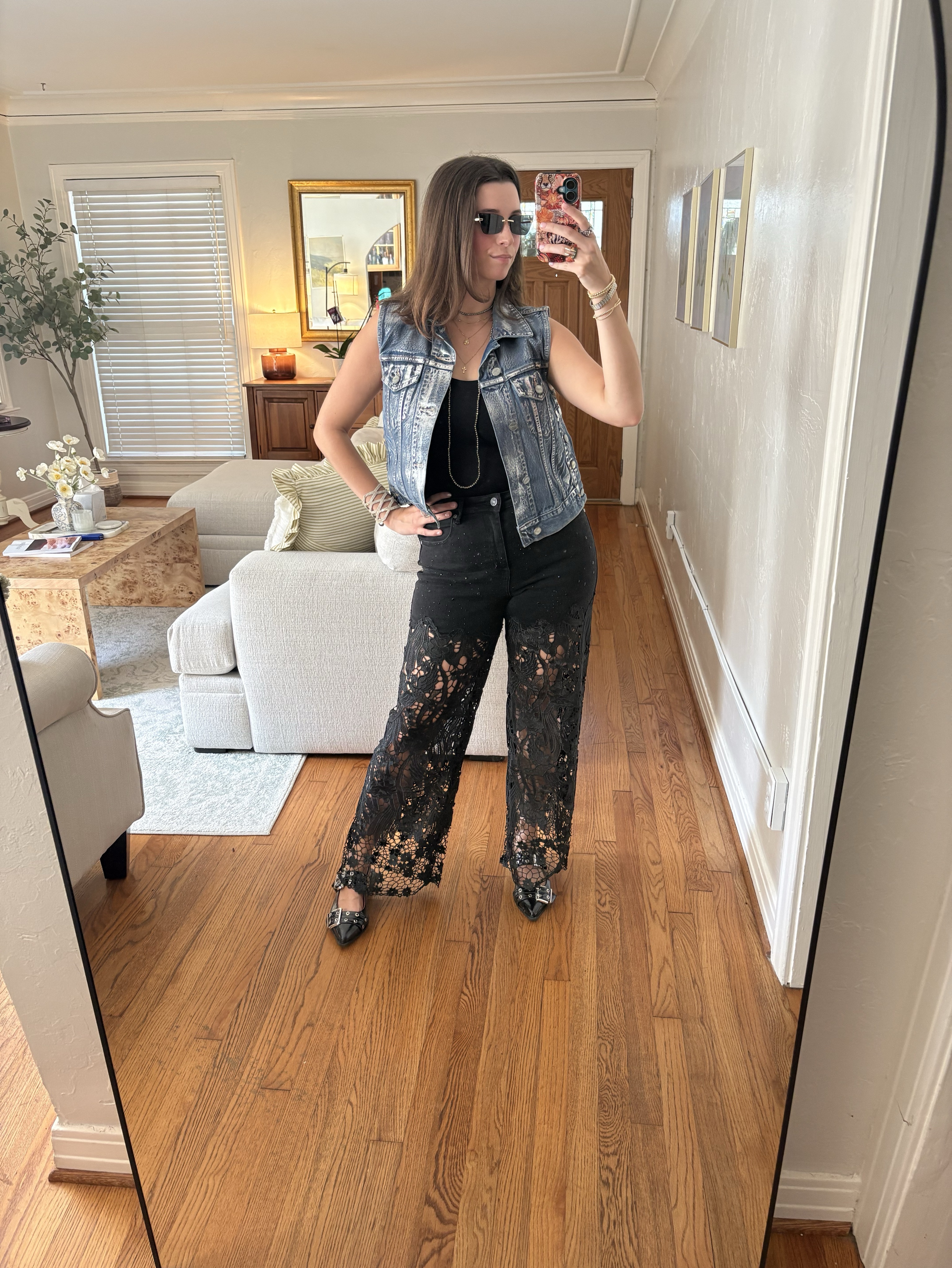 Black Lace Wide-Leg Denim Pants