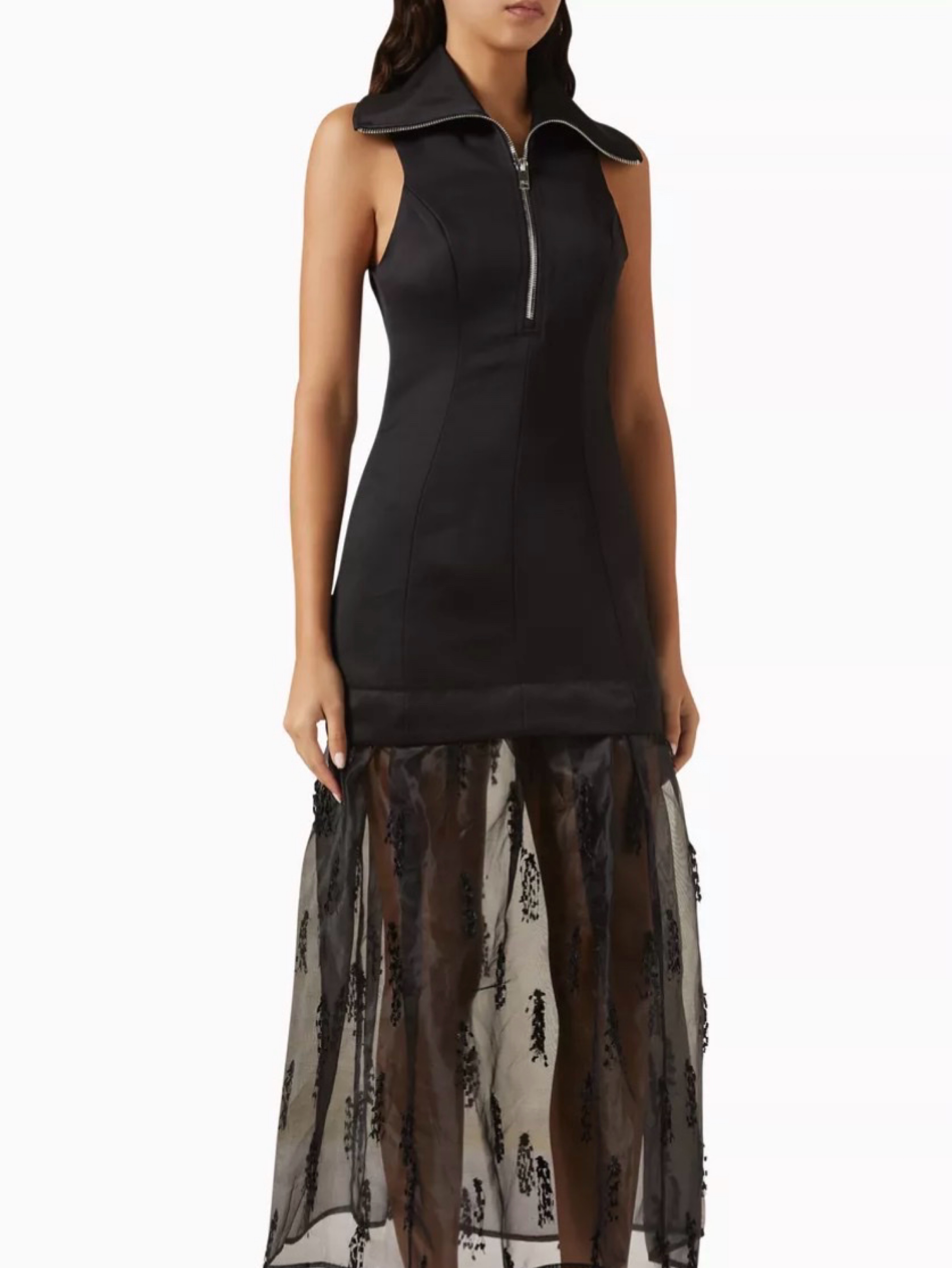 GANNI Black Beaded Tulle Drop-Waist Dress