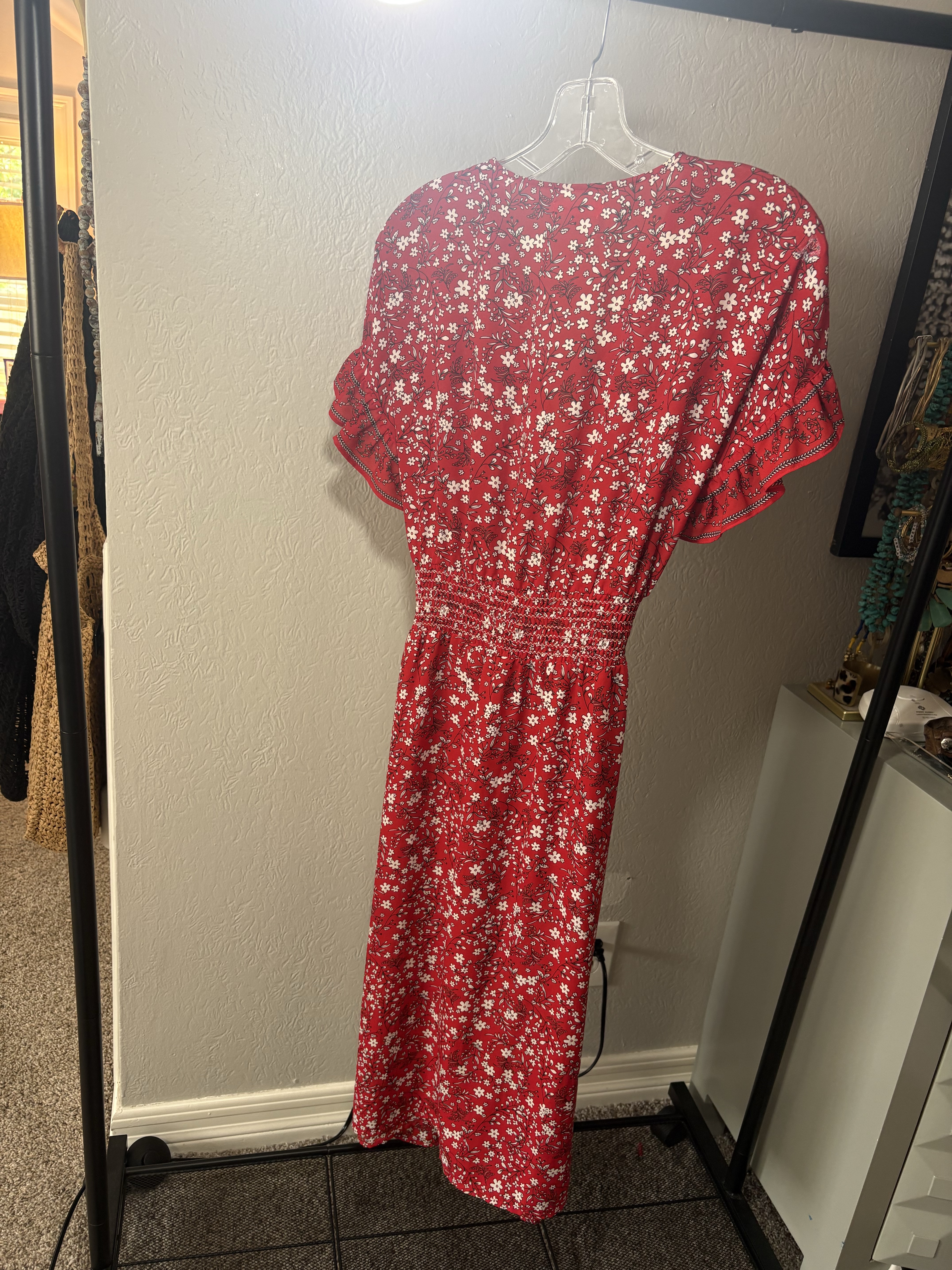red floral flutter sleeve midi dress Women's Simply The Vibe Midi Dress, Red