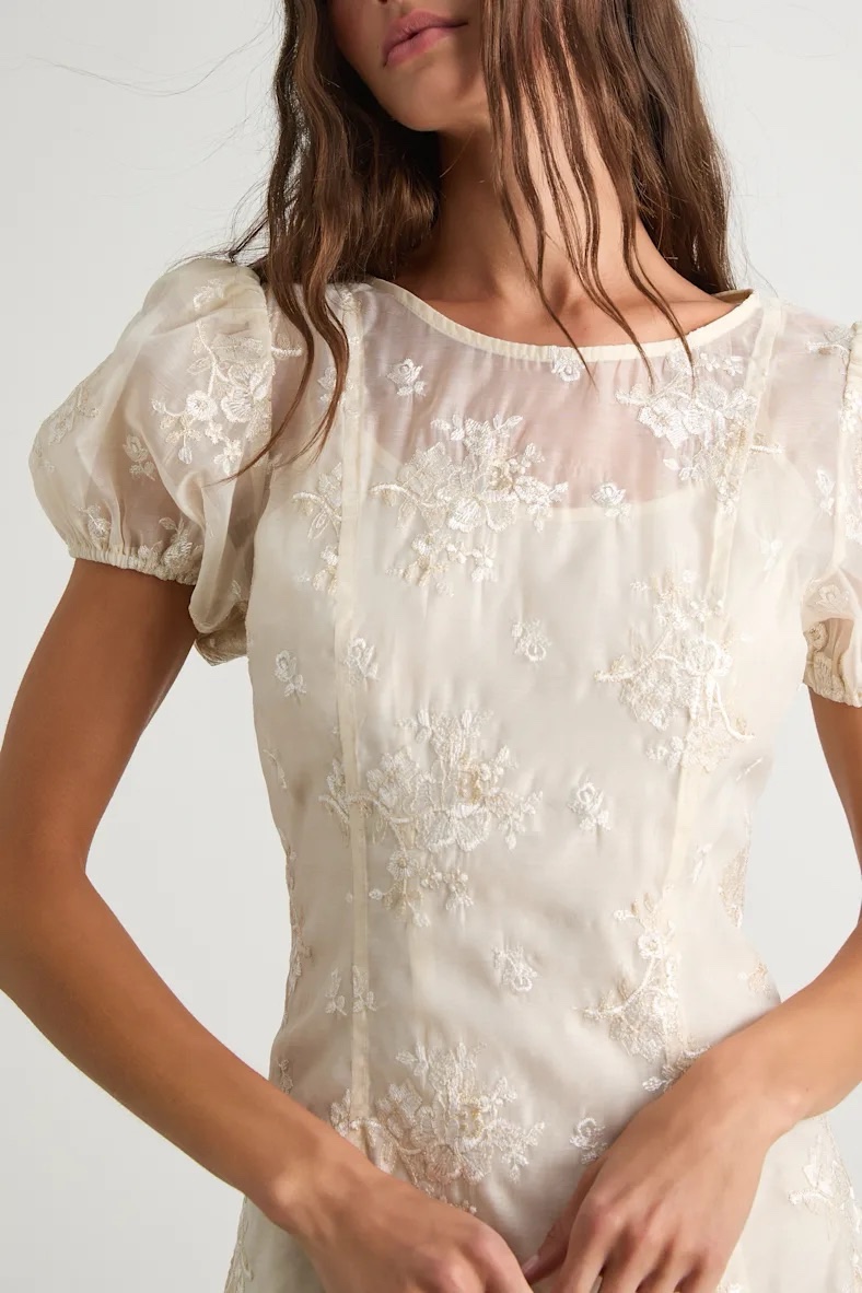 cream floral embroidered dress Cream Floral Embroidered Chiffon Mini Dress main image 1