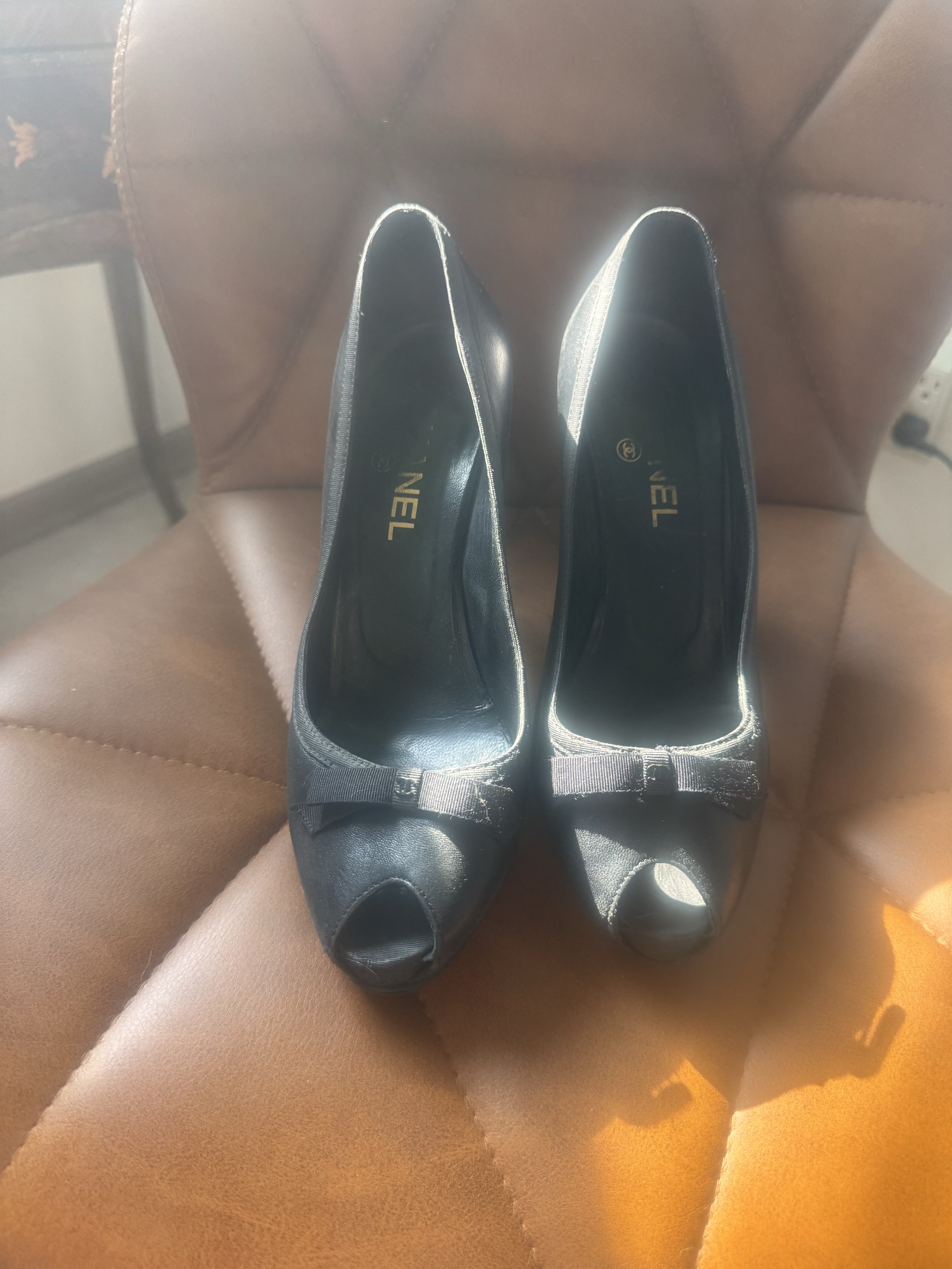 Chanel Black Leather ballet like Peep Toe Heels
