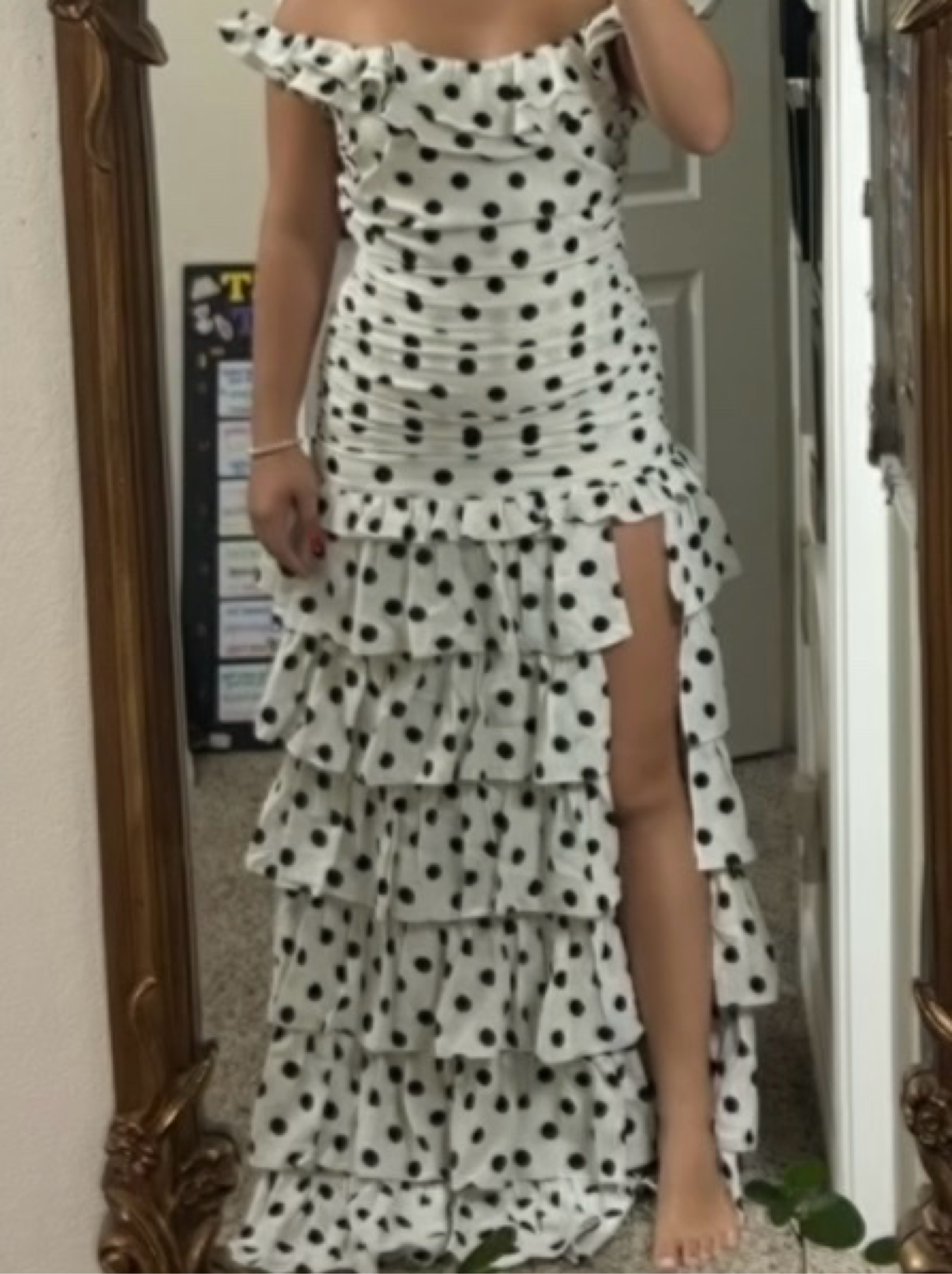 White Black Polka Dot Tiered Ruffle Dress
