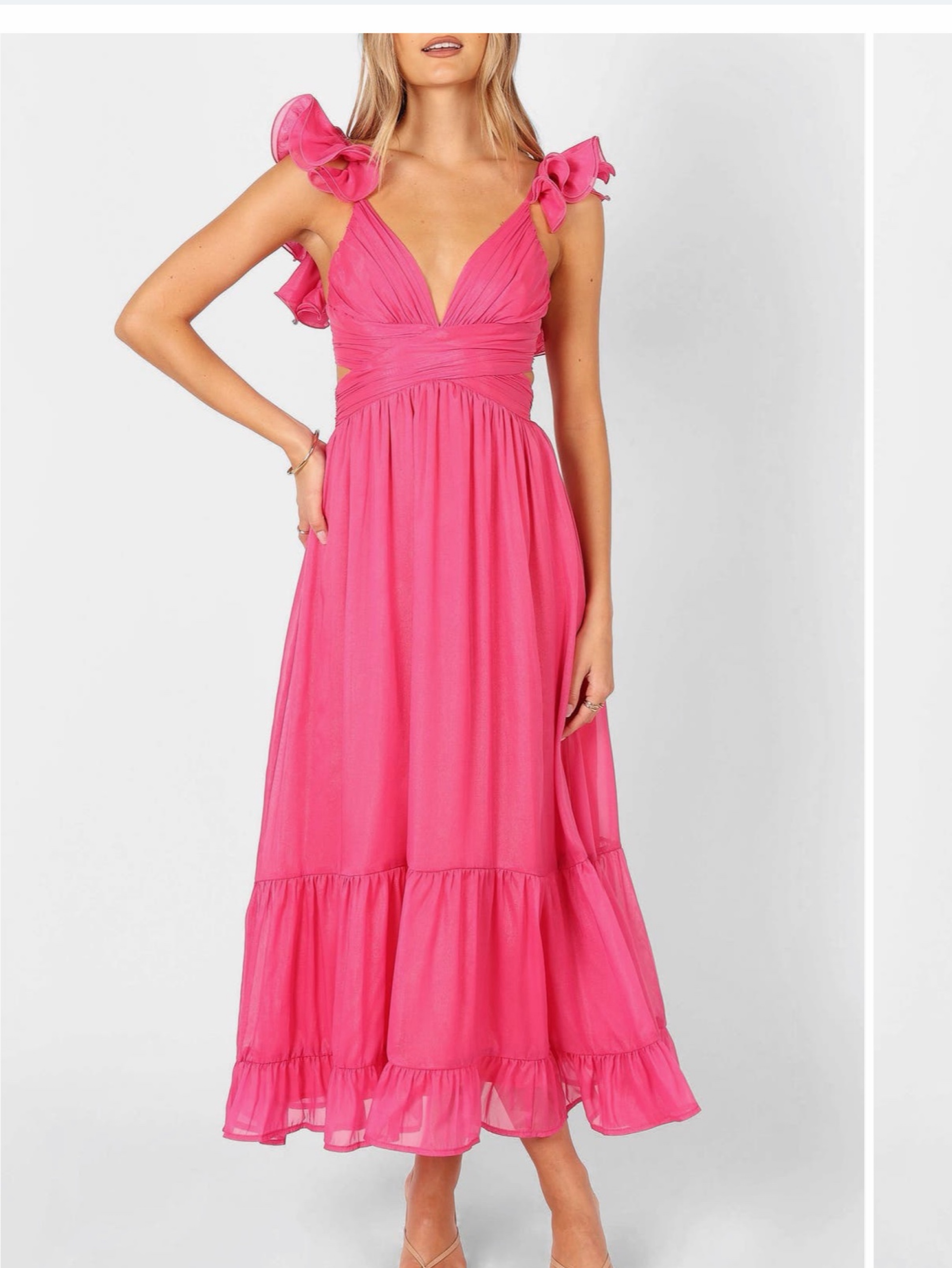 Hot Pink Chiffon Ruffle Midi Dress