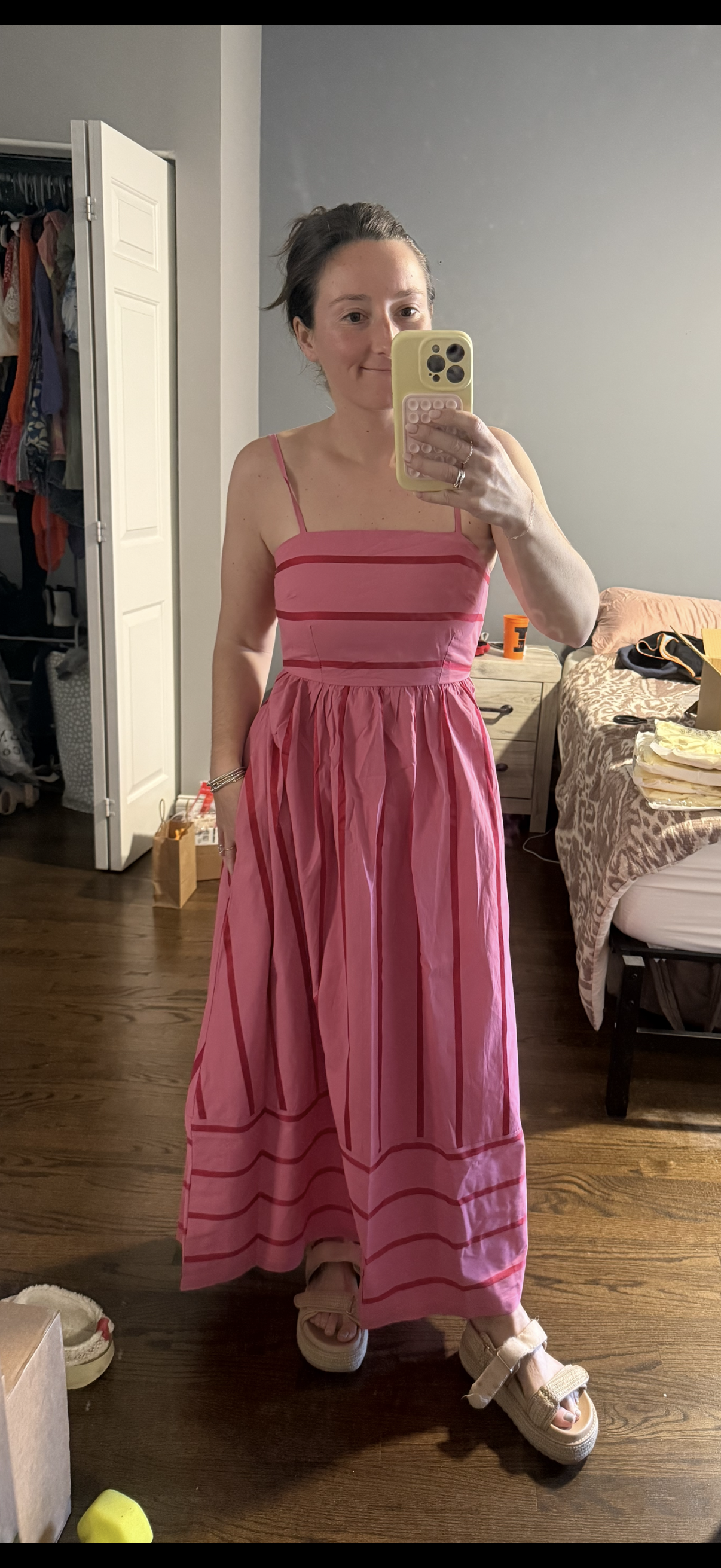 Pink Striped Pleated Maxi Dress