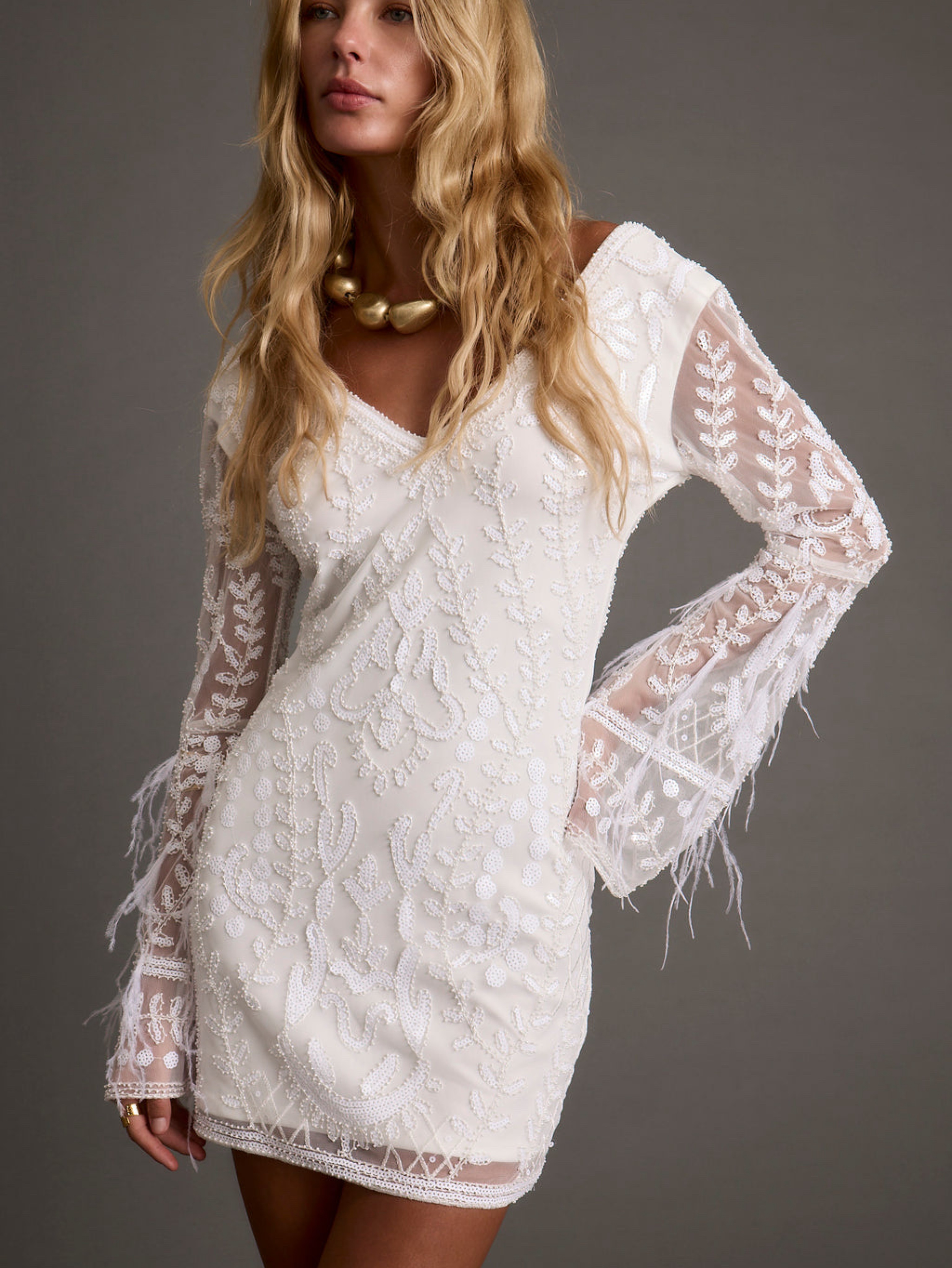 12th Tribe Larisa White Printed Sequin Long Sleeve Dress (Small) by 12th Tribe - Pickle 12th Tribe Larisa White Printed Sequin Long Sleeve Dress (Small) by 12th Tribe - Pickle