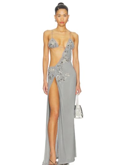 greyed jade dress Jaded London - Beaded Frayed Maxi in Grey by Jaded London/Revolve Satin