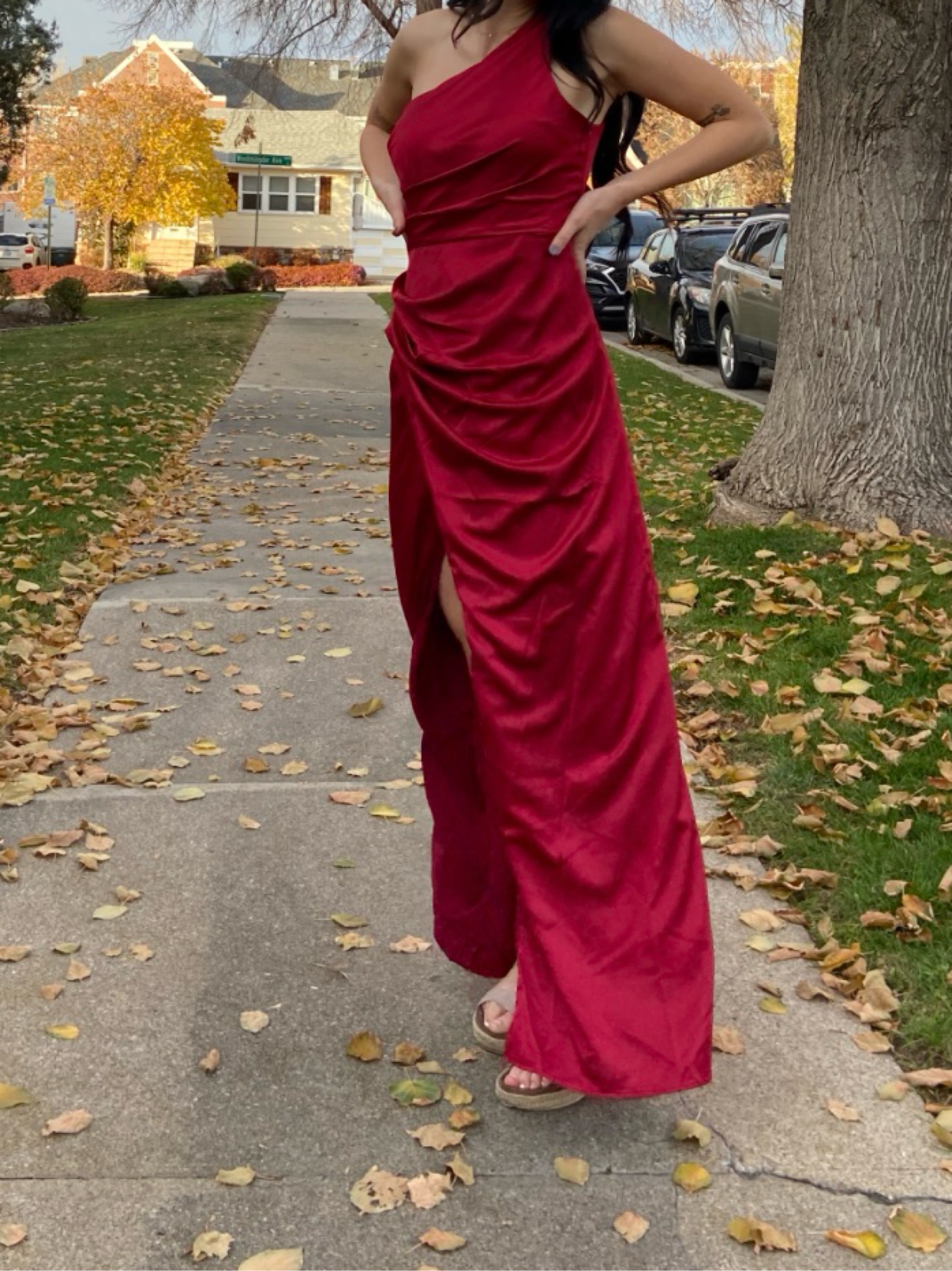 Red Satin One-Shoulder Gown by Lulus - Pickle