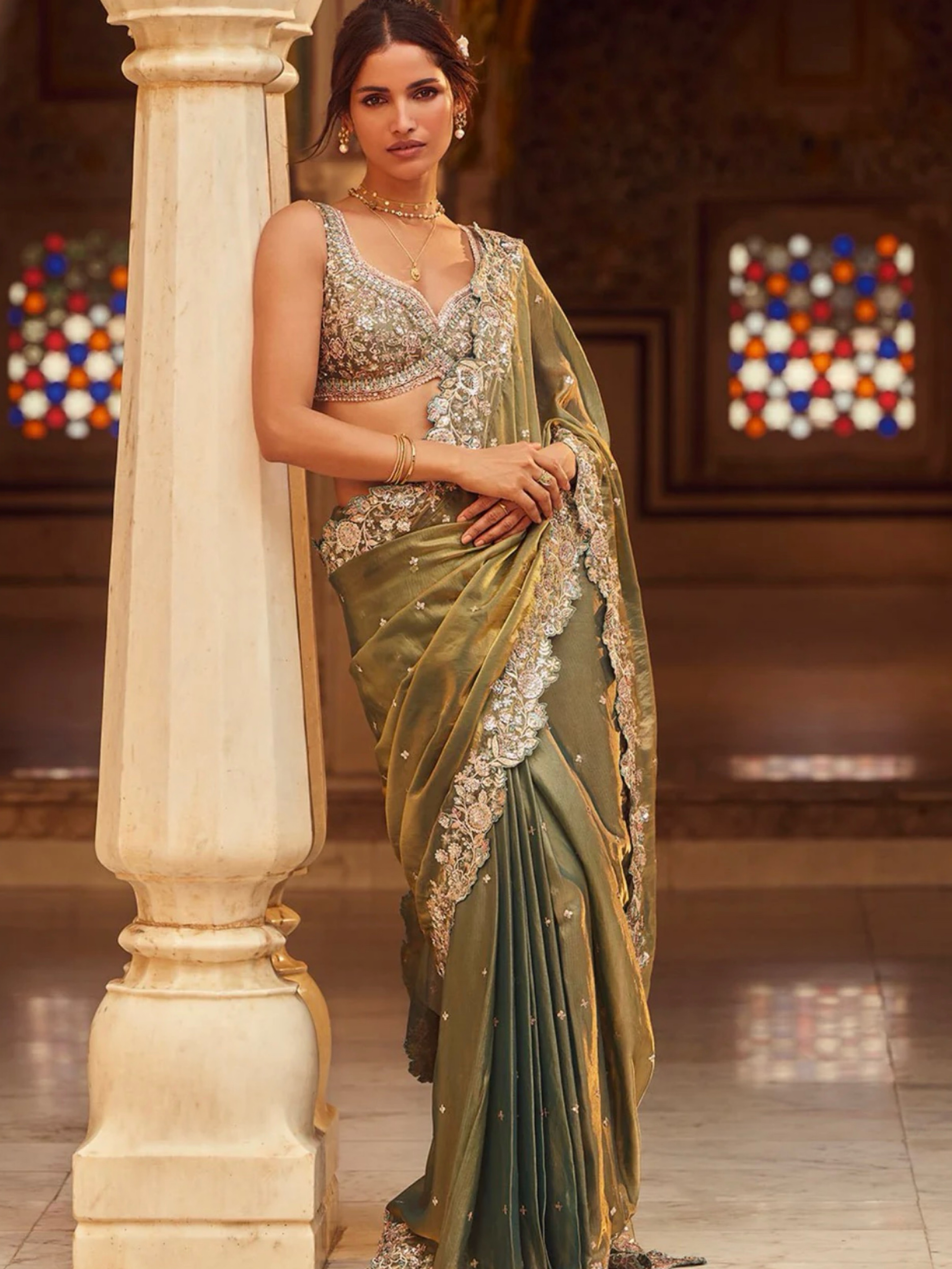 Never worn not opened — Olive Green Embellished Saree Blouse Set