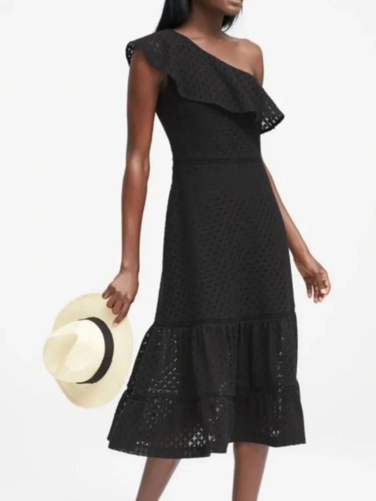 Banana Republic Black Eyelet One-Shoulder Midi Dress by Banana Republic