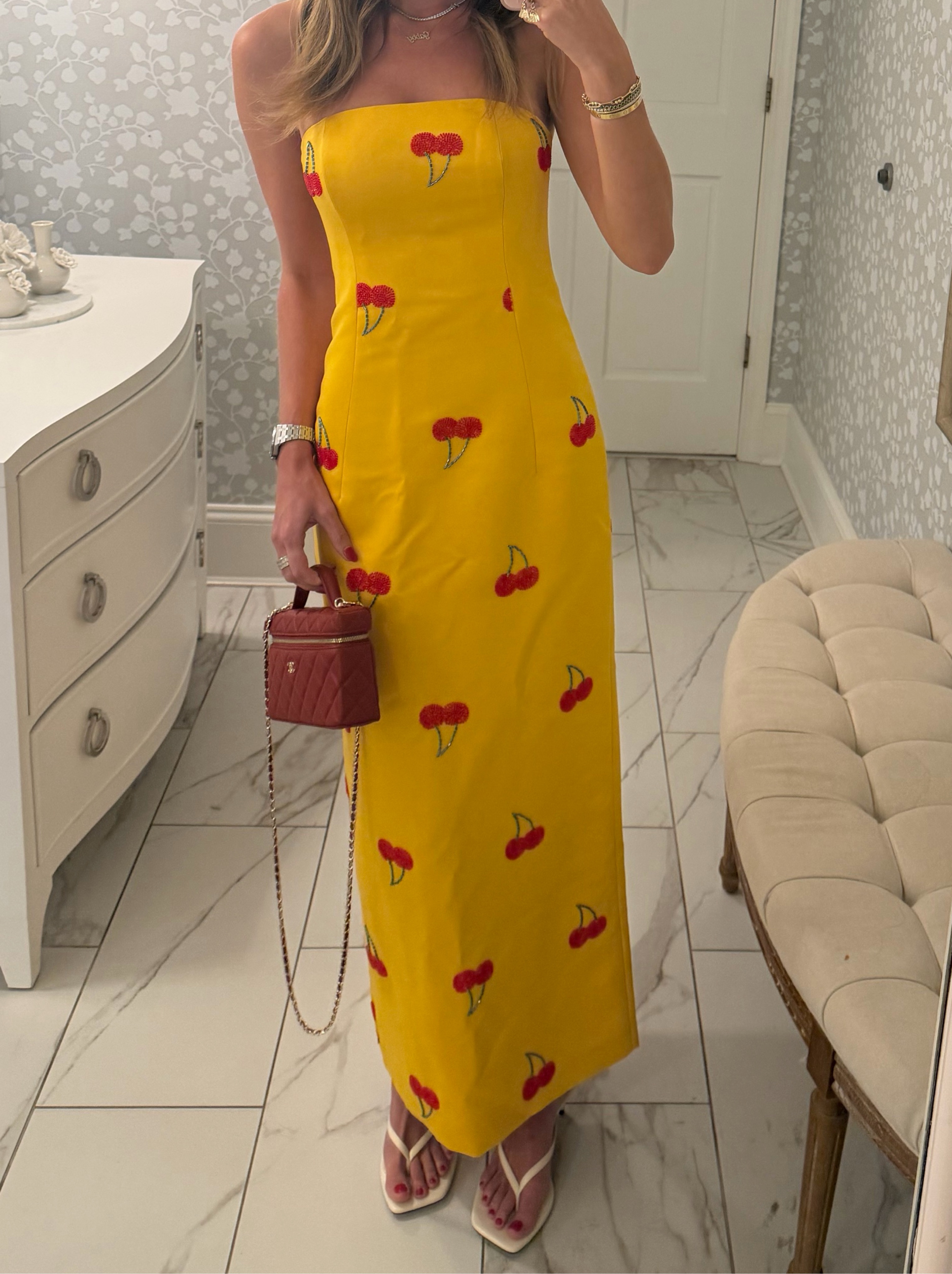 Yellow Cherry Embroidered Strapless Maxi Dress by Leo Lin | Pickle
