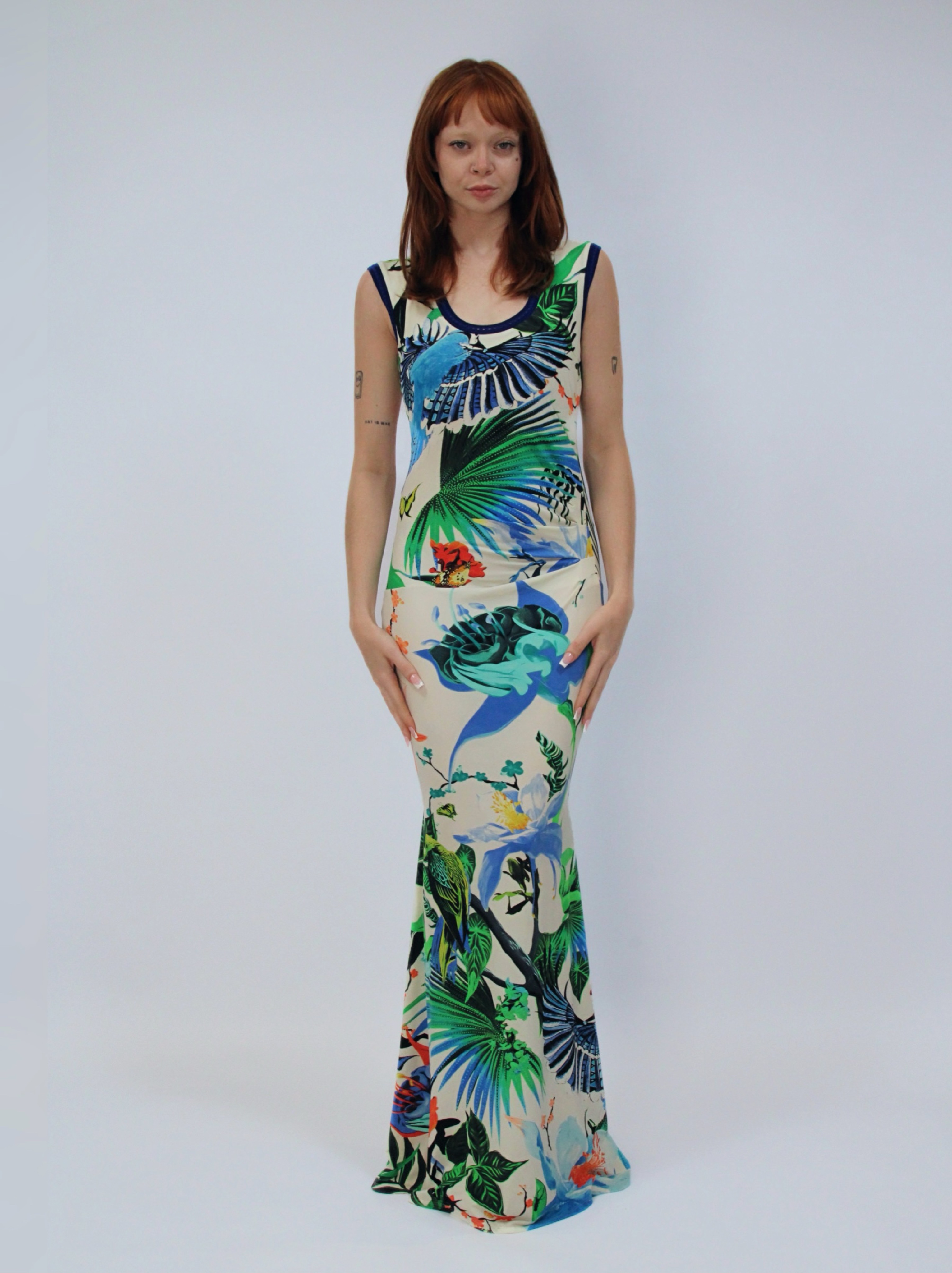 Roberto Cavalli Knit-Trim Tropical Floral-Print U-Neck Gown