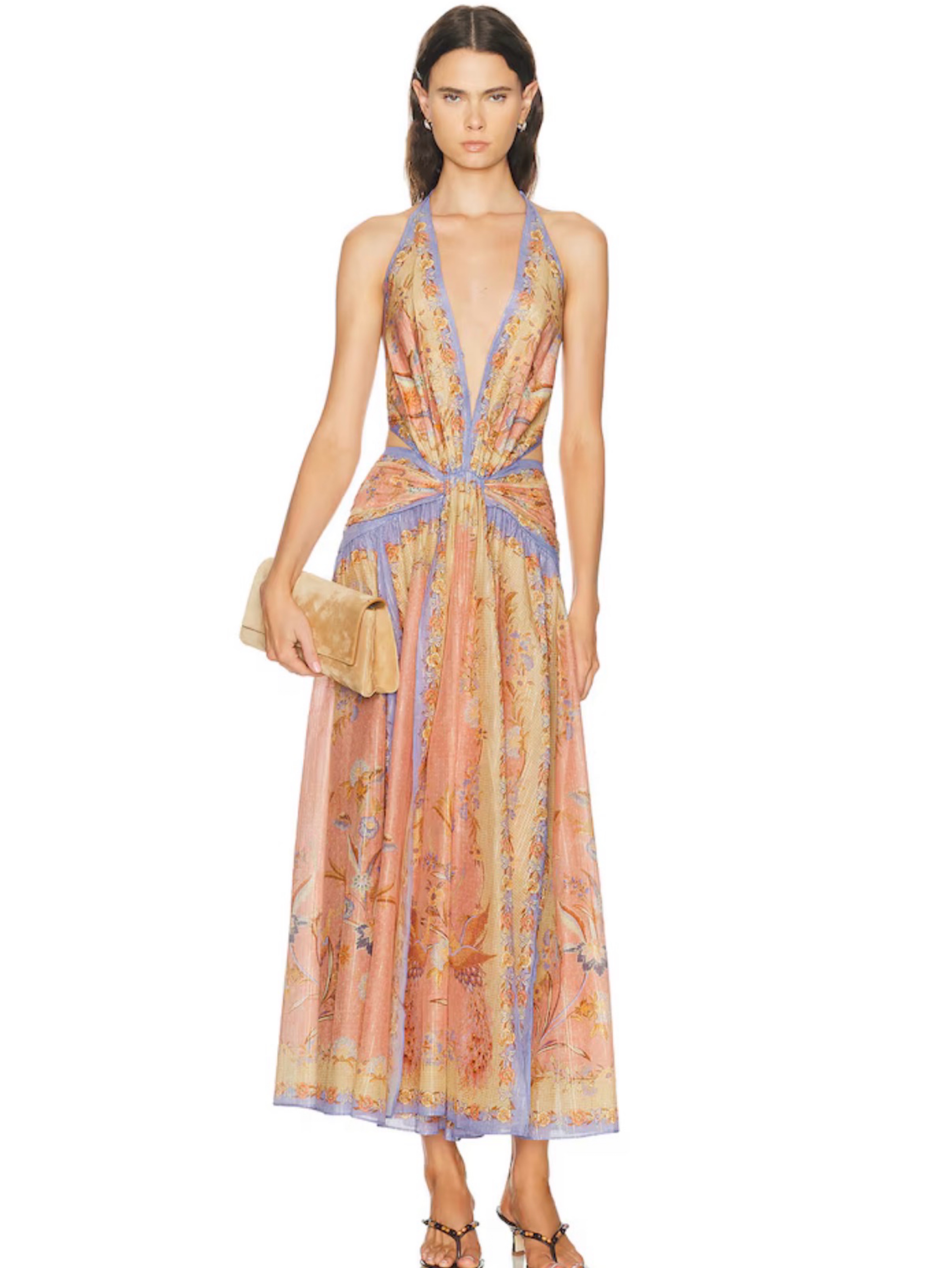 zimmerman halter dress Zimmermann Ascension Plunge Halter Maxi Dress in Blue & Cream Indienne Floral