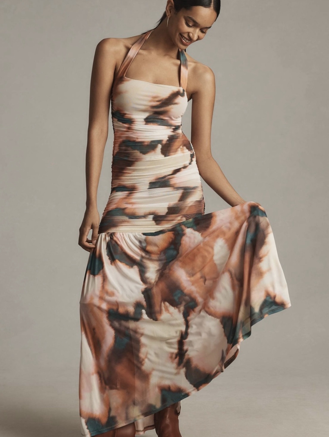 halter dress scarf Elegant Floor Maxi Dress with Scarf and Halter Neckline Brown / M main image 1