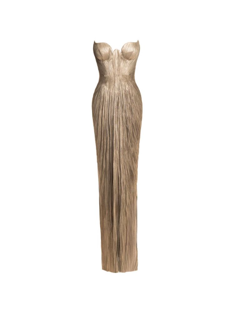 Maria Lucia Hohan Jasleen Pleated Strapless Silk Maxi Dress Gold