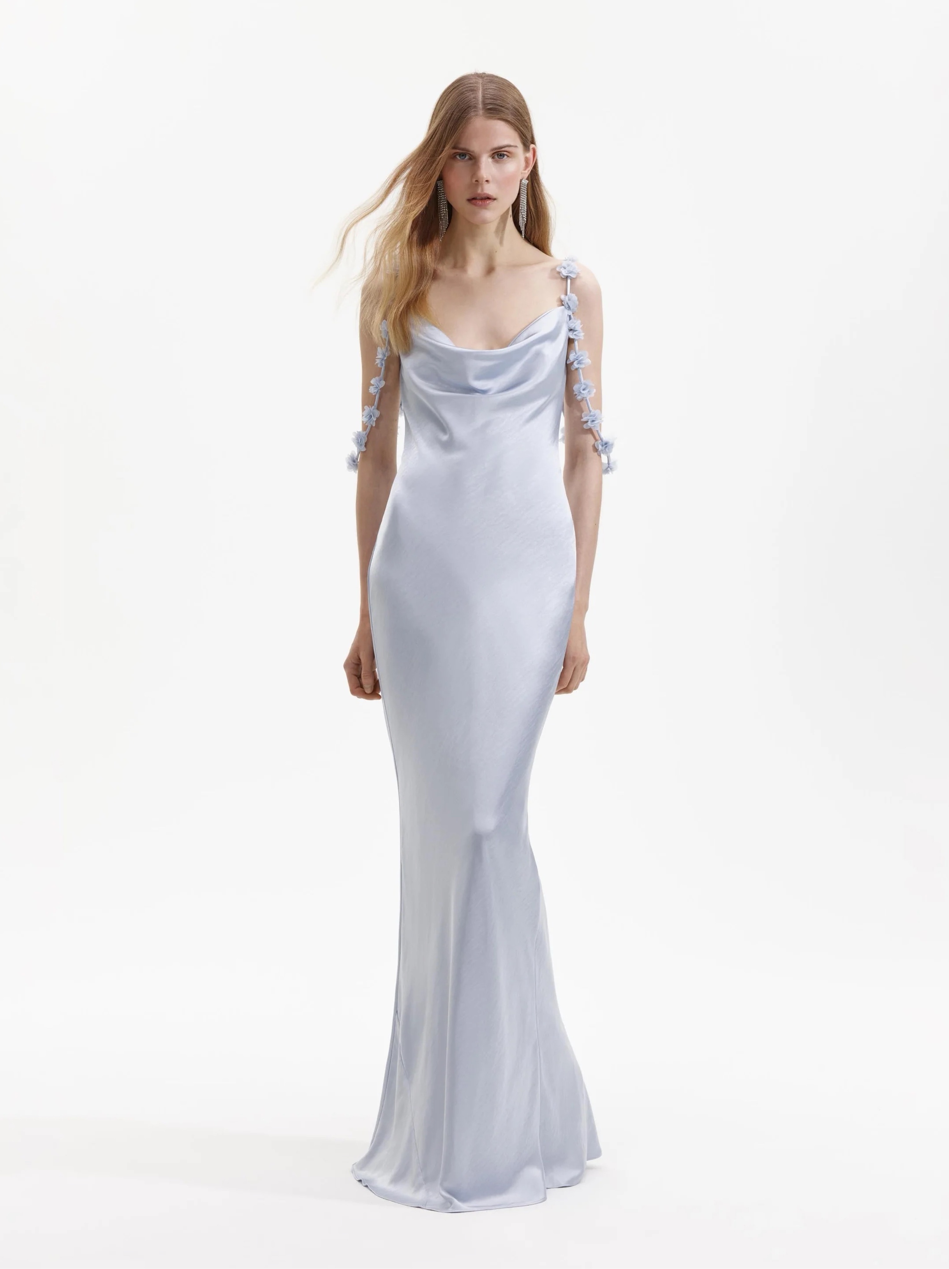 Self-Portrait BLUE SATIN FLOWER MAXI DRESS