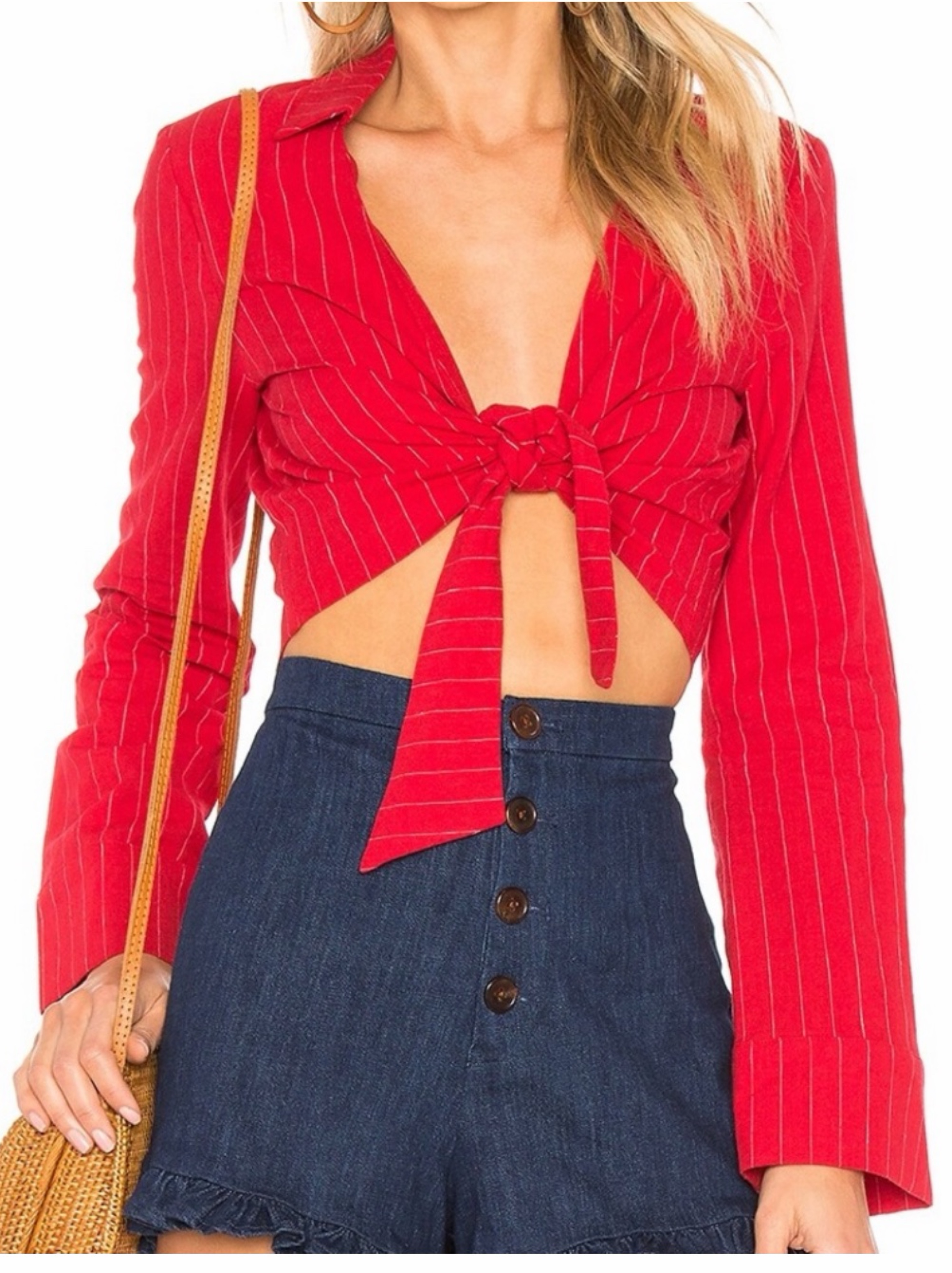 L’Academie Red Pinstripe Wrap Crop Top