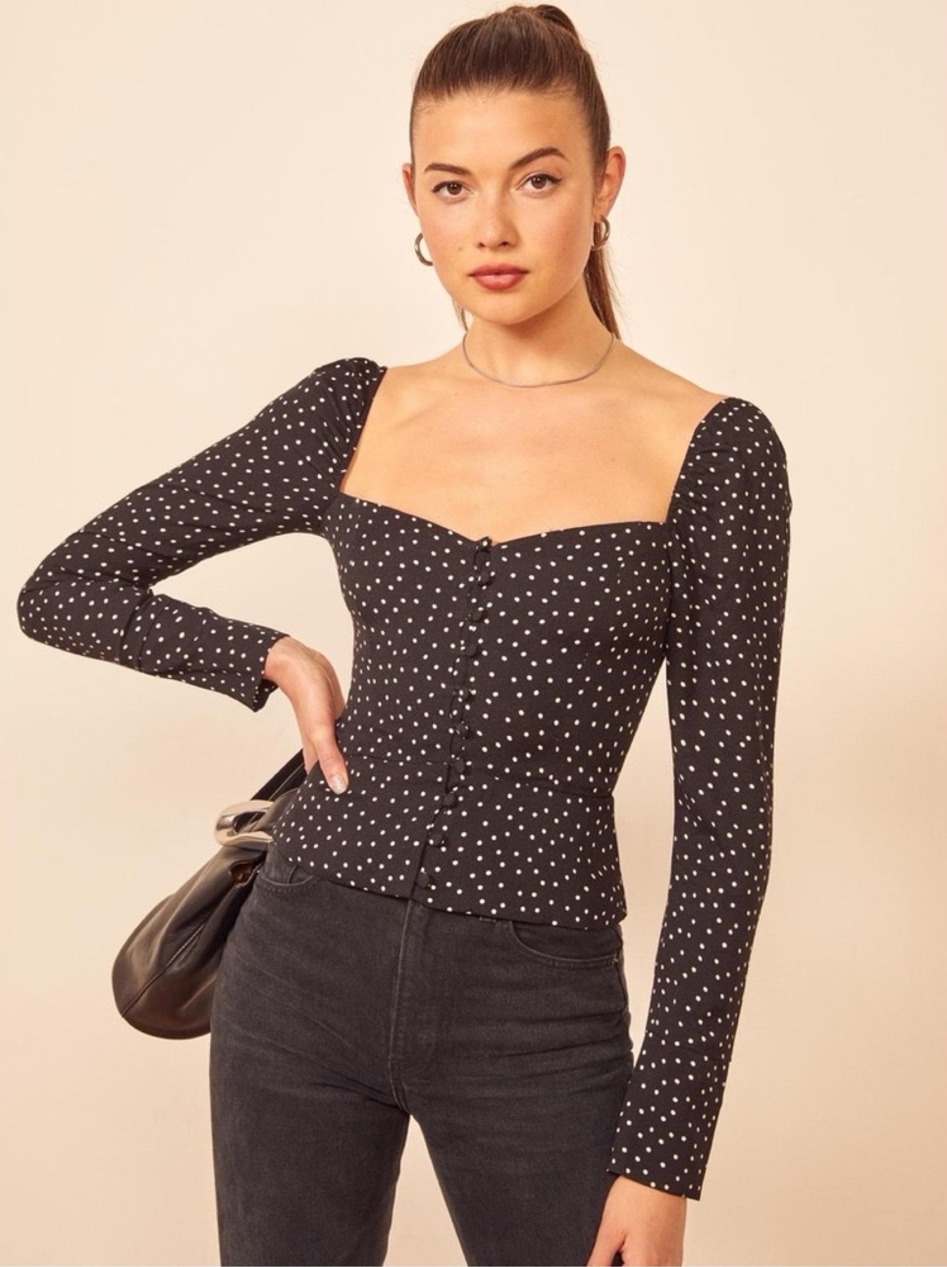 Reformation Black White Polka Dot Long Sleeve Top