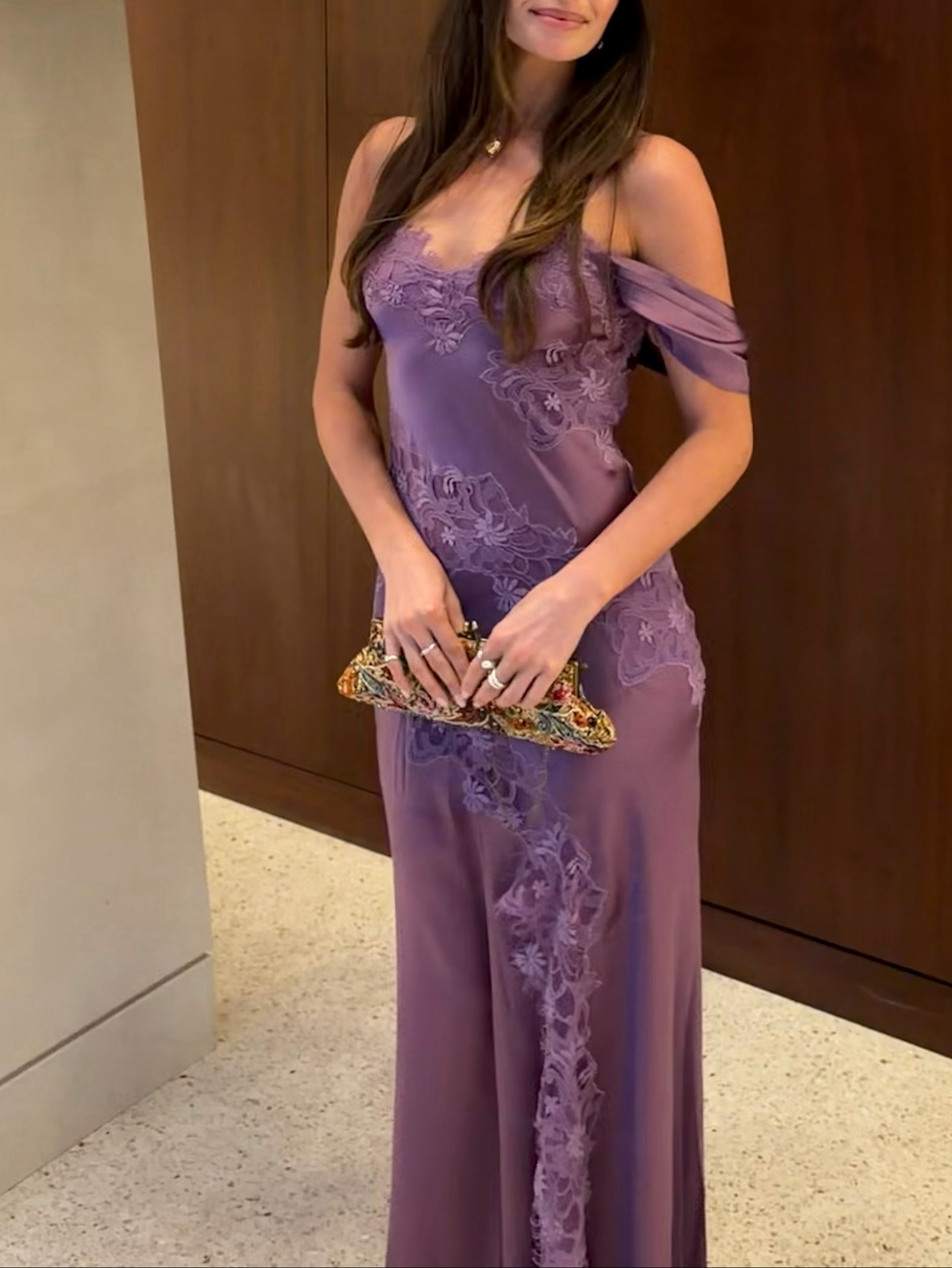 purple amur dress Nori Plunge Halter Gown