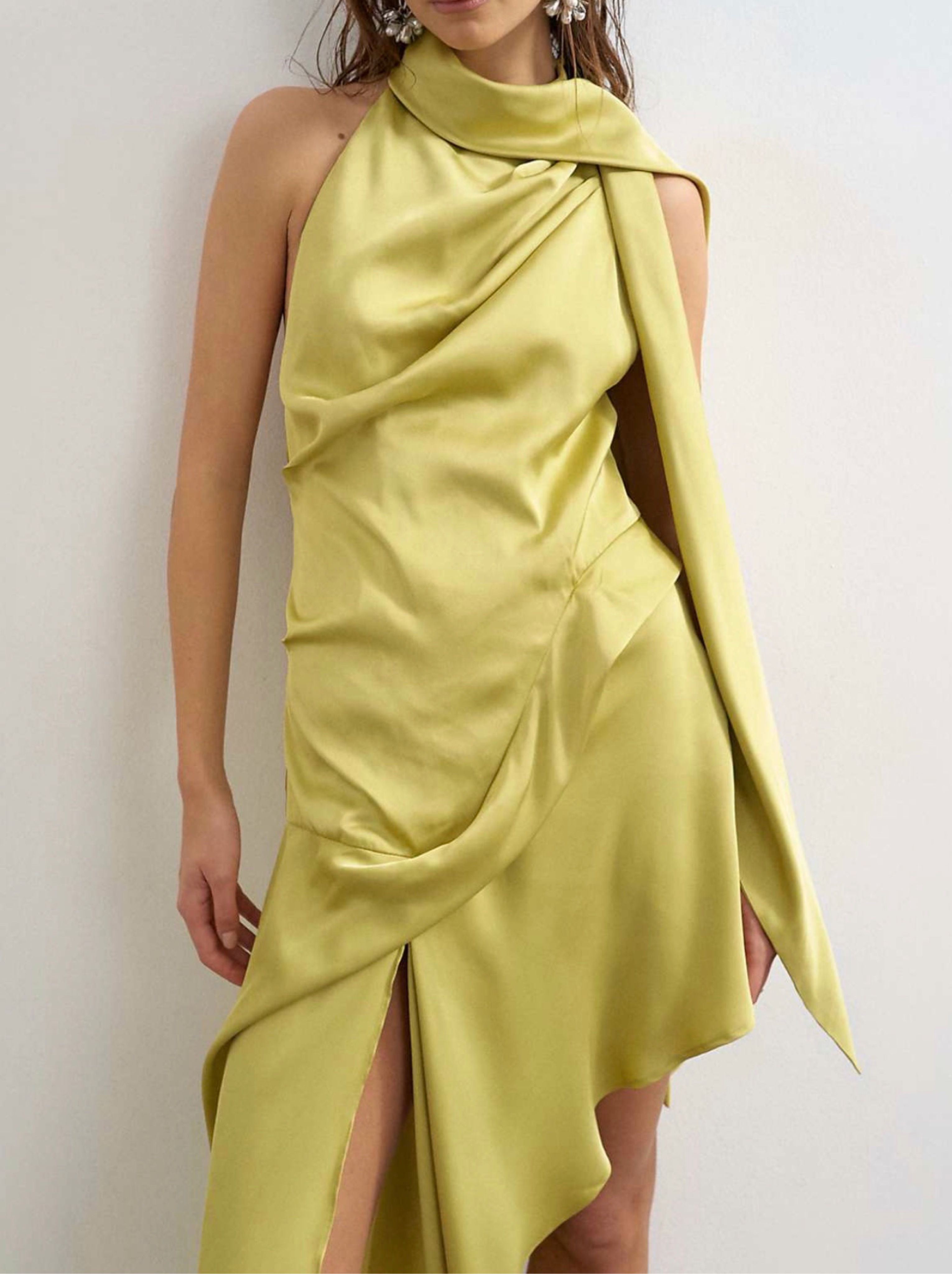 asos yellow halter neck dress ASOS DESIGN drape detail halterneck floral maxi dress in yellow