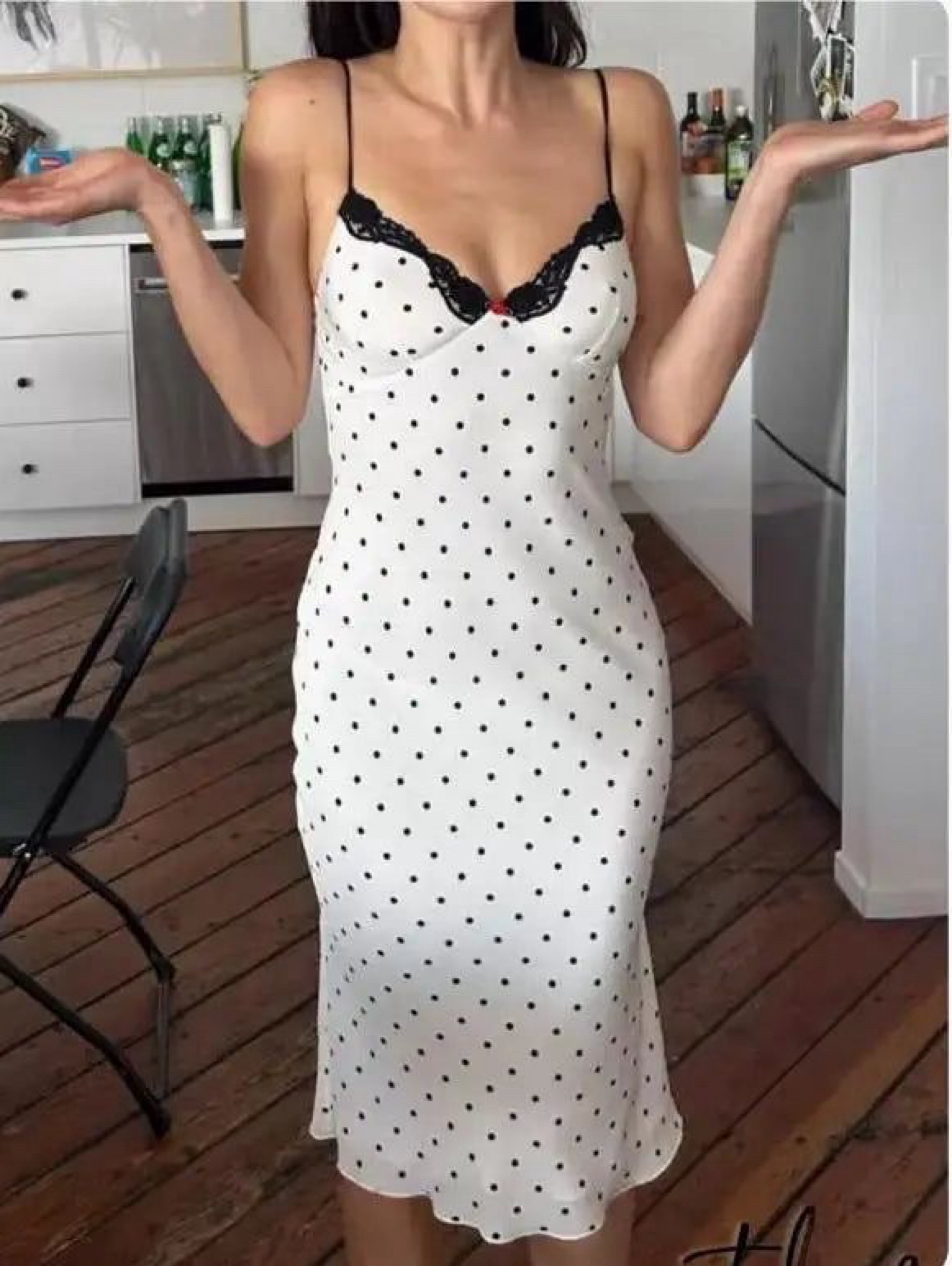 Realisation Par White Polka Dot Lace Trim Midi Dress by