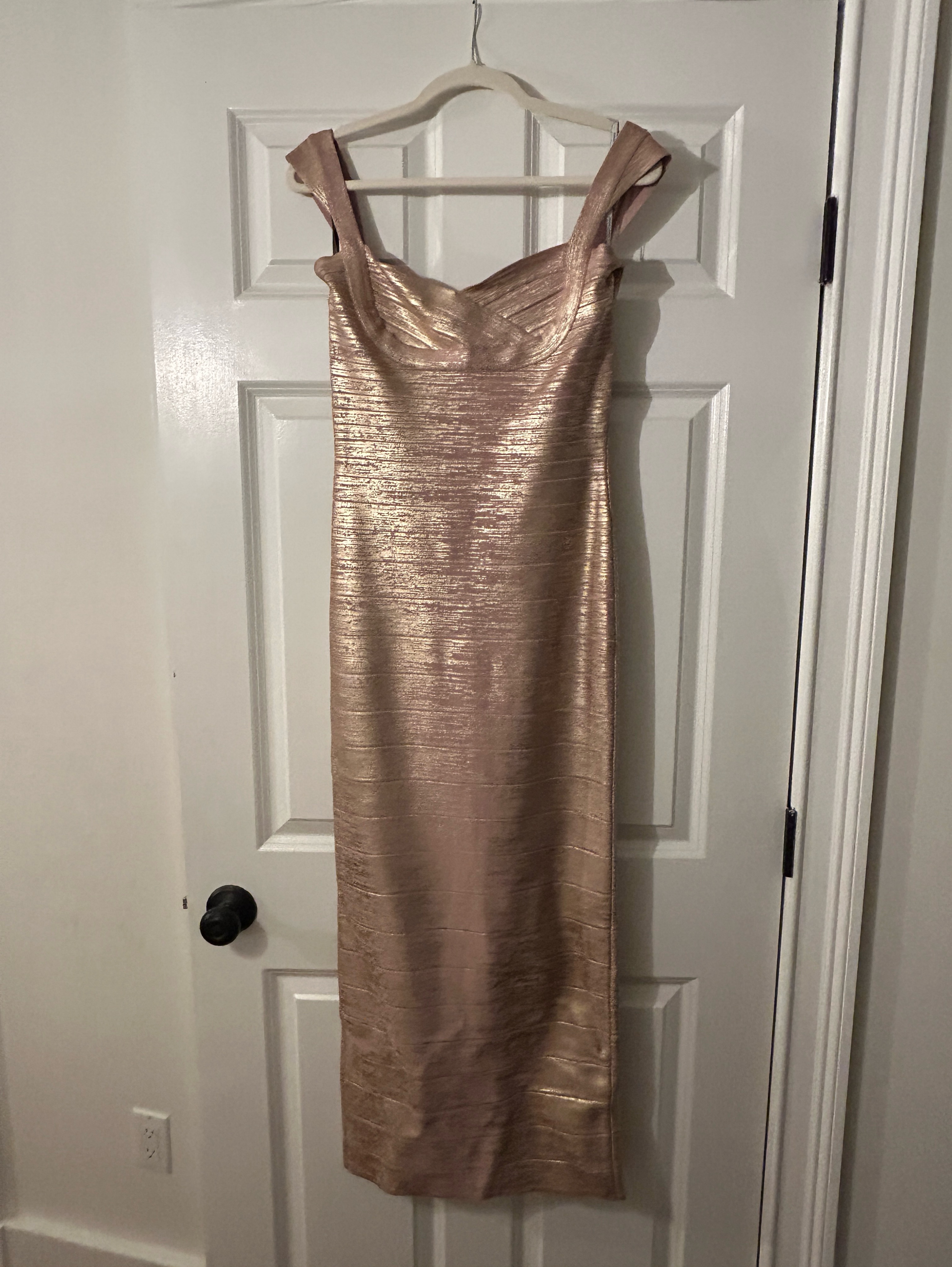 herve leger gold maxi dress Herve Leger Metallic Sweetheart Neck Bandage Gown