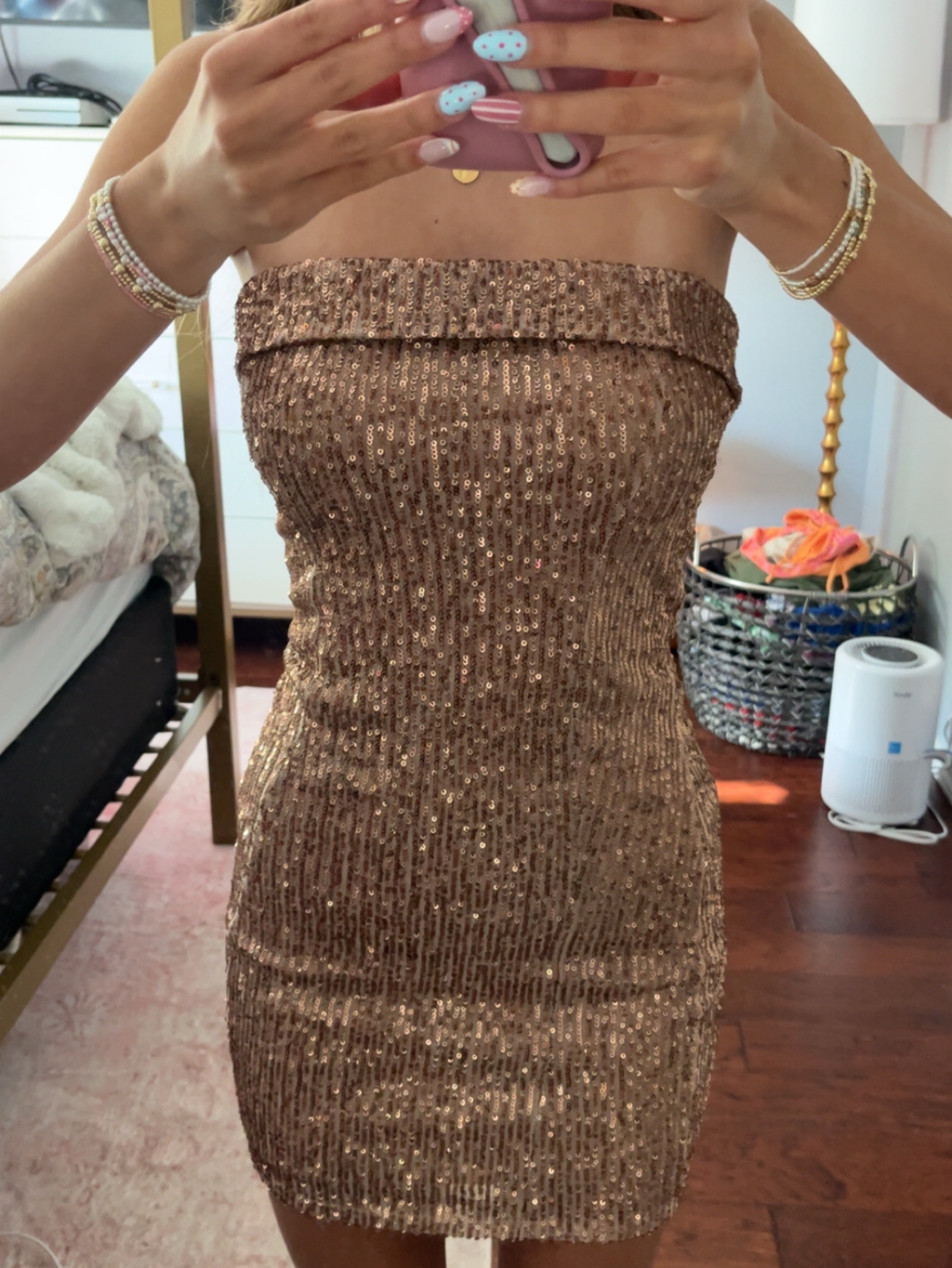 Gold Sequin Strapless Mini Dress