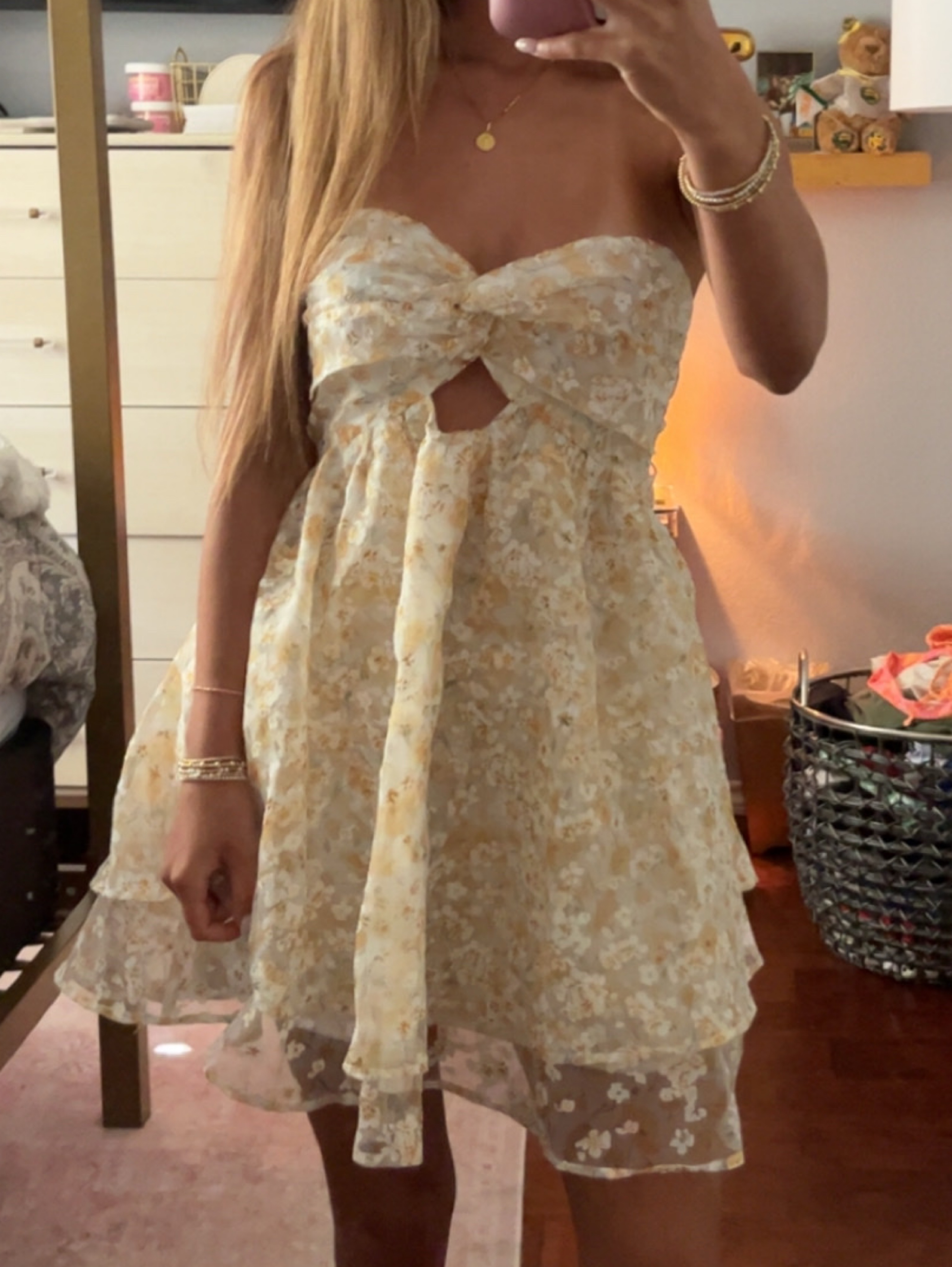 Cream and Yellow Floral Lace Sweetheart Mini Dress