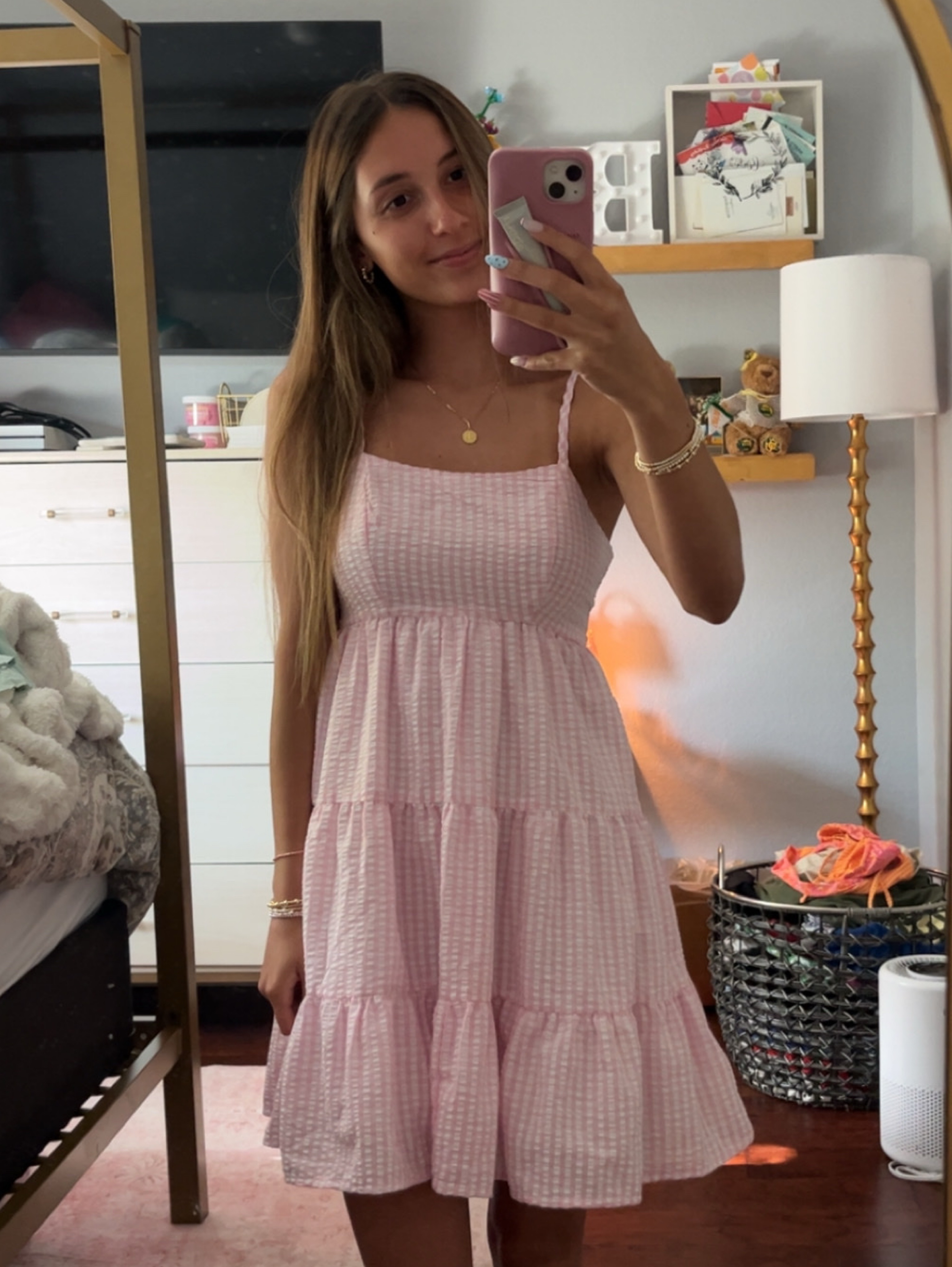 Pink and White Textured Cotton Midi Dress