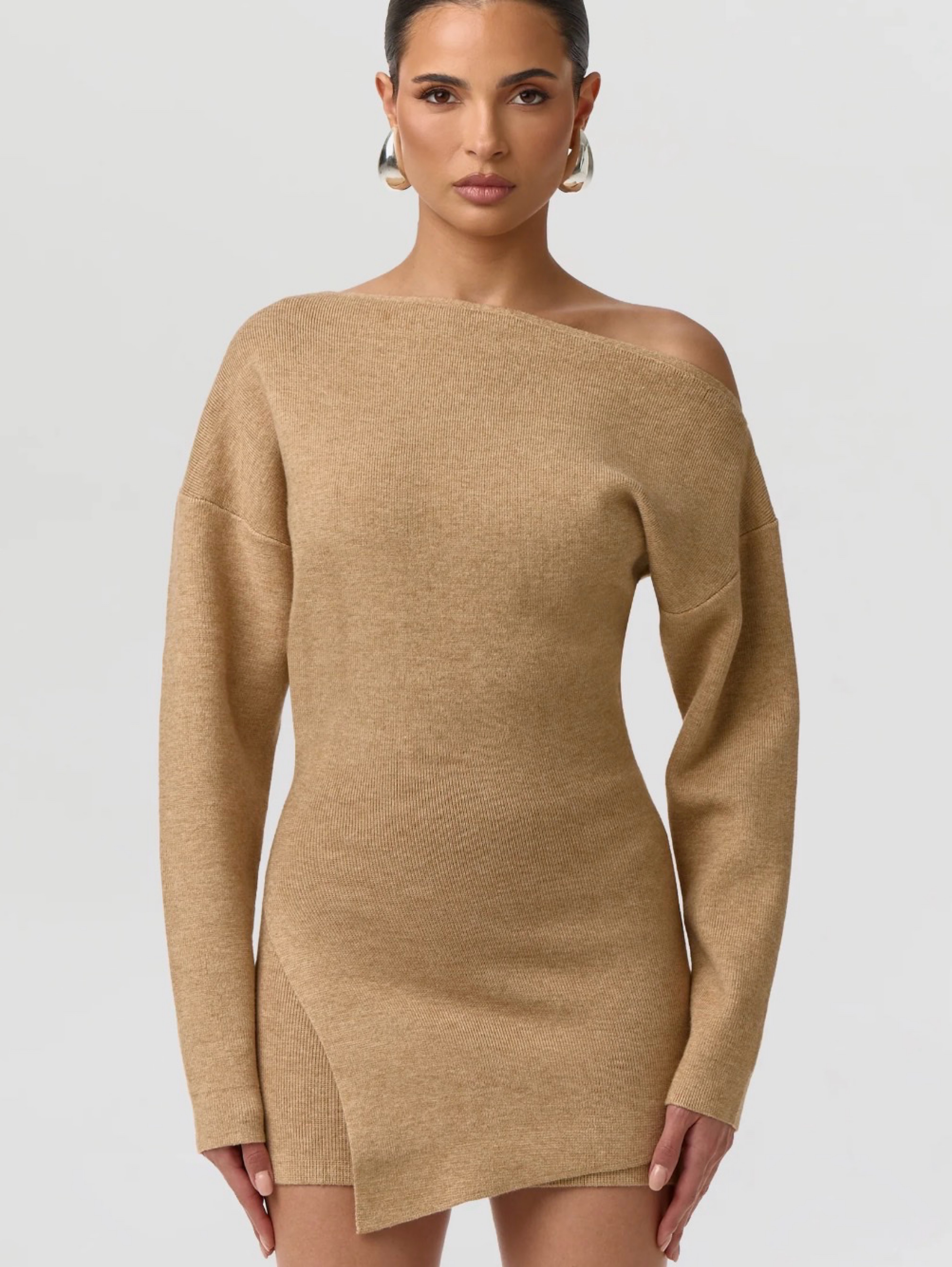 Camel One-Shoulder Knit Mini Dress