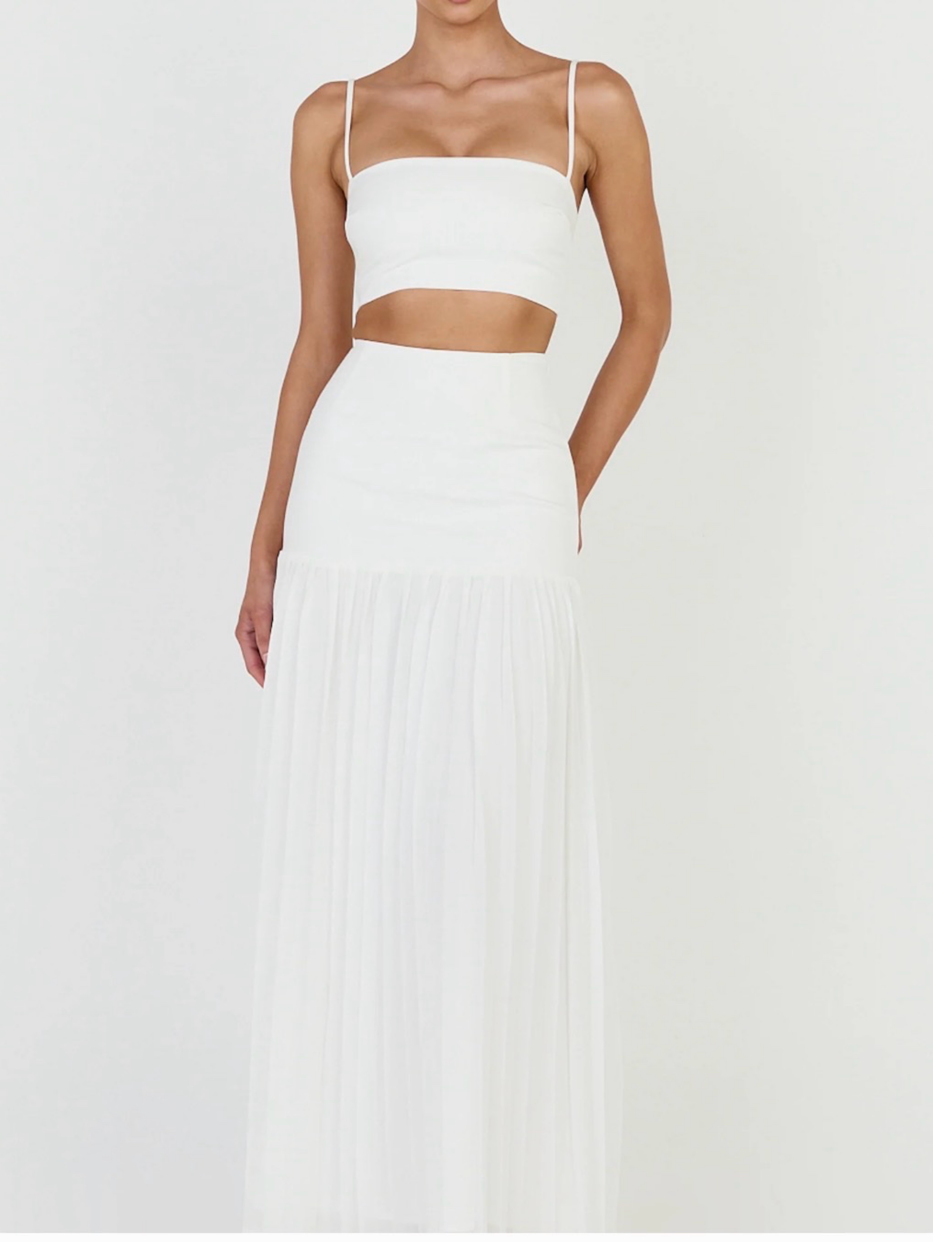 White Two-Piece Pleated Maxi Skirt Set