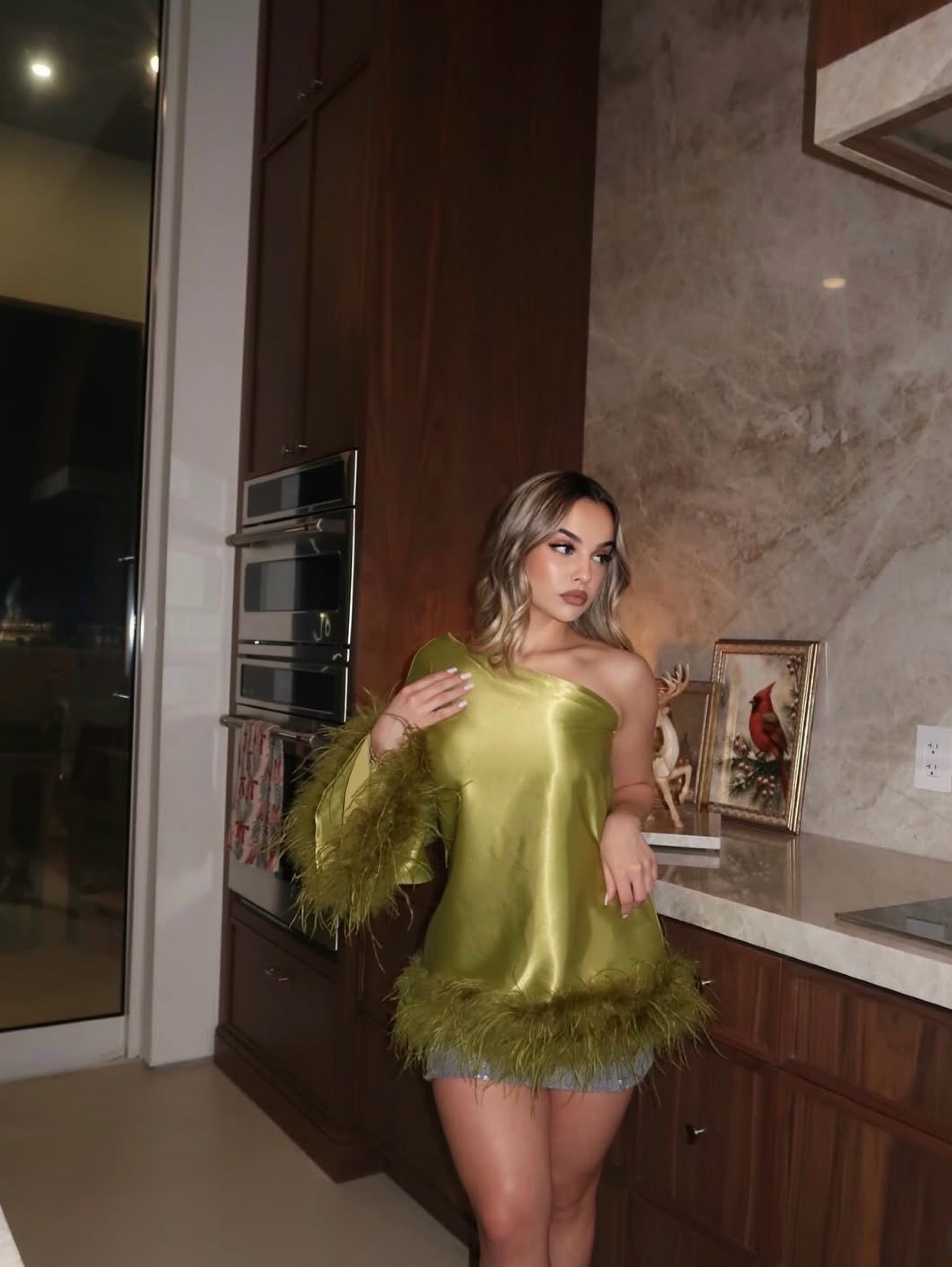 Olive Satin Feather One-Shoulder Mini set