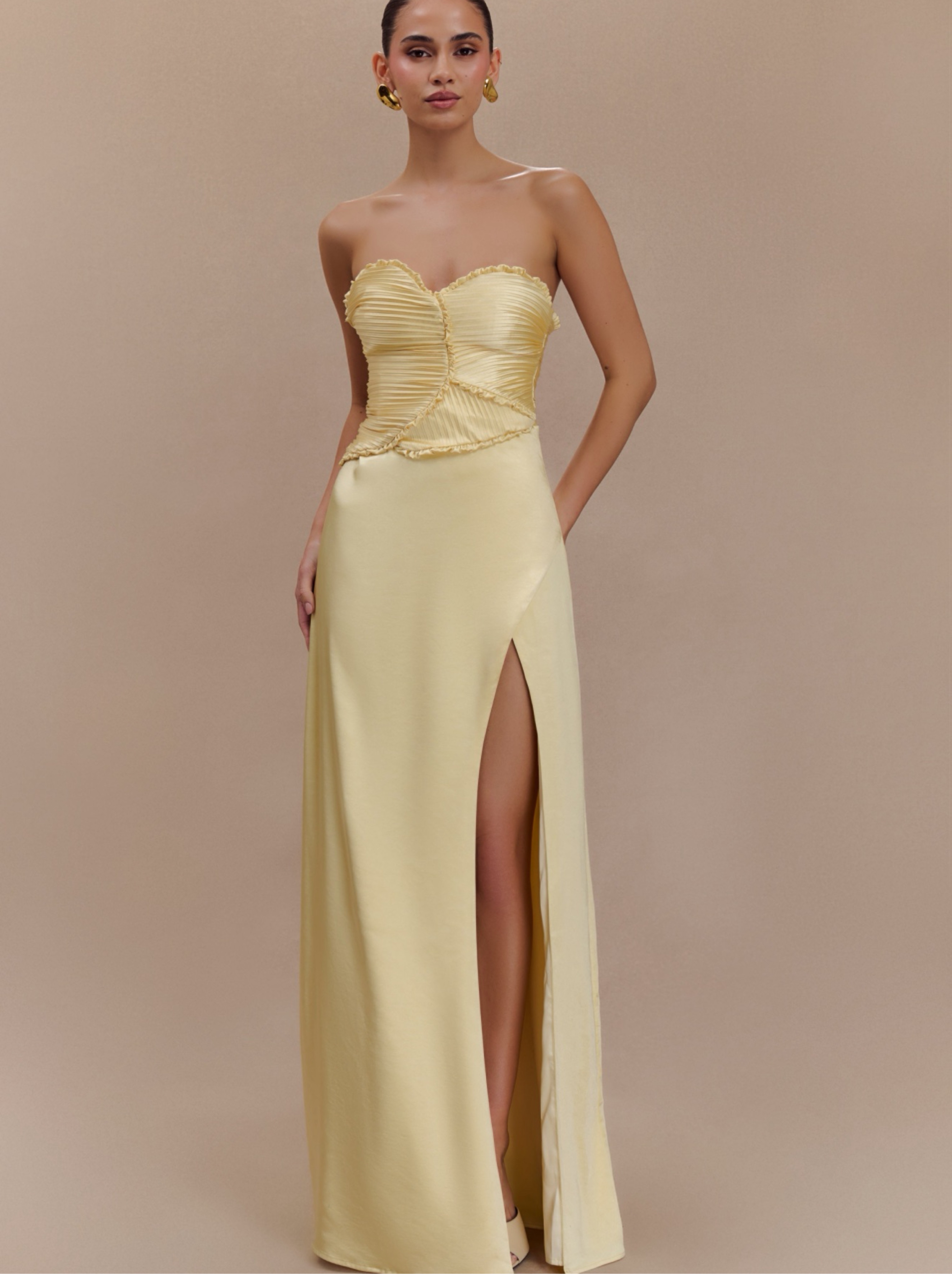 yellow pleated strapless dress Strapless Pleated Dress|Tropical Plus Size Vacation Dresses