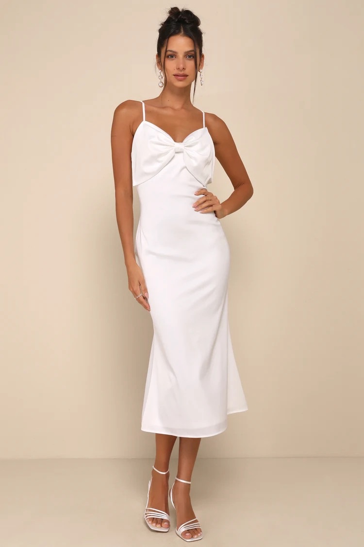 Lulus Extravagantly Sleek White Satin Sleeveless Bow Midi Dress