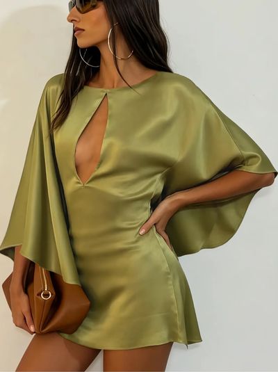 Olive Green Satin Cape Mini Dress by Vintage - Unknown | Pickle