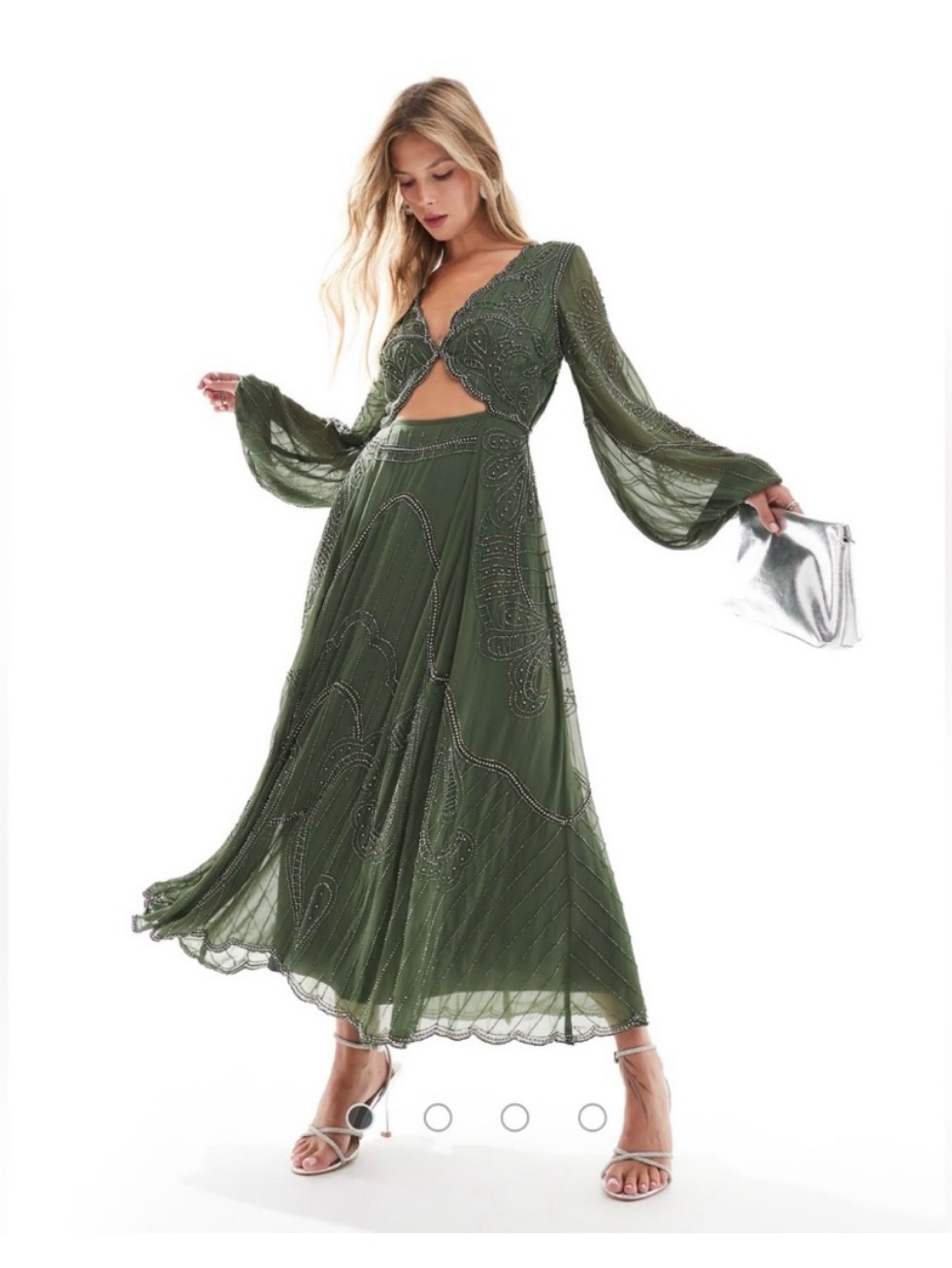 asos green long sleeve maxi dress ASOS DESIGN maxi dress with long sleeve and circle trim in forest green
